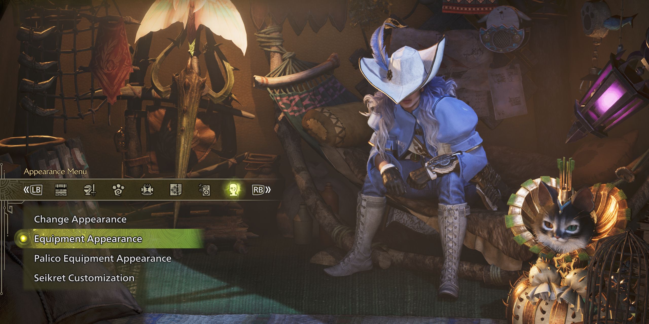 The Base Camp tent menu in Monster Hunter Wilds, showing the hunter resting.