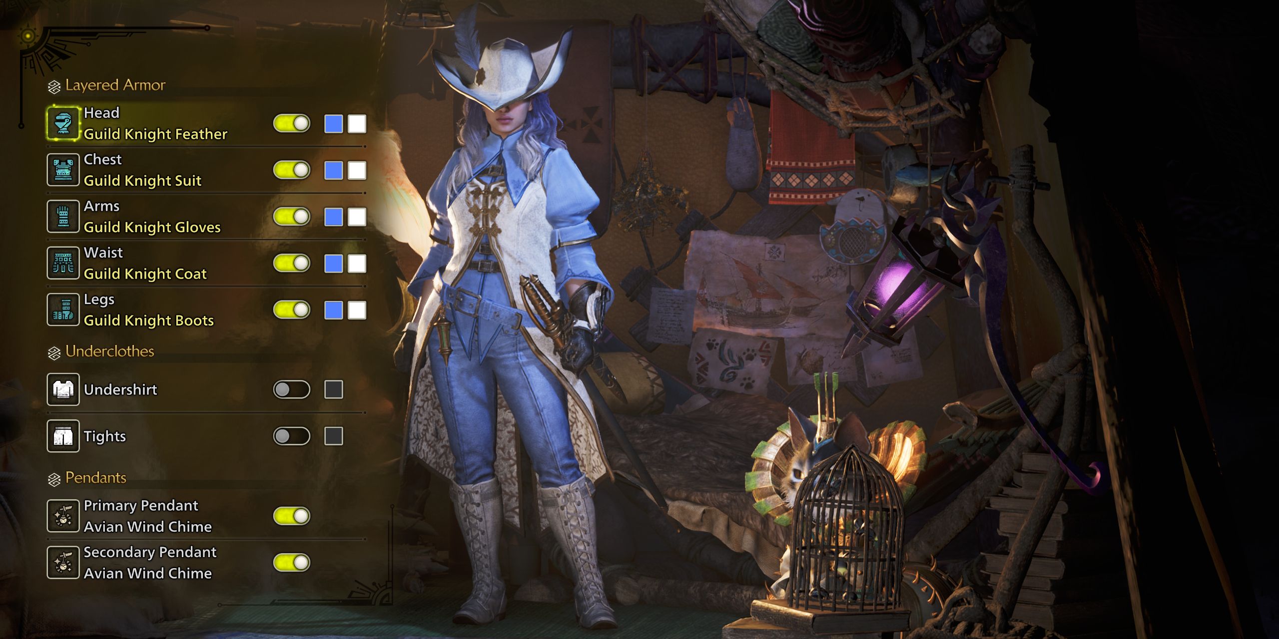 The Layered Armor customization menu, showing the Hunter wearing the Guild Knight set in Monster Hunter Wilds.