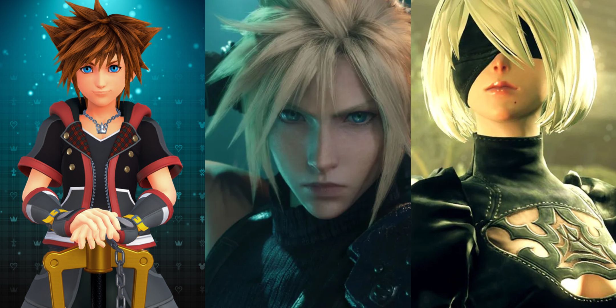 Featured Image. Sora, from the Kingdom Hearts Website, Cloud from the Final Fantasy 7 Remake, and 2B from Nier Automata.