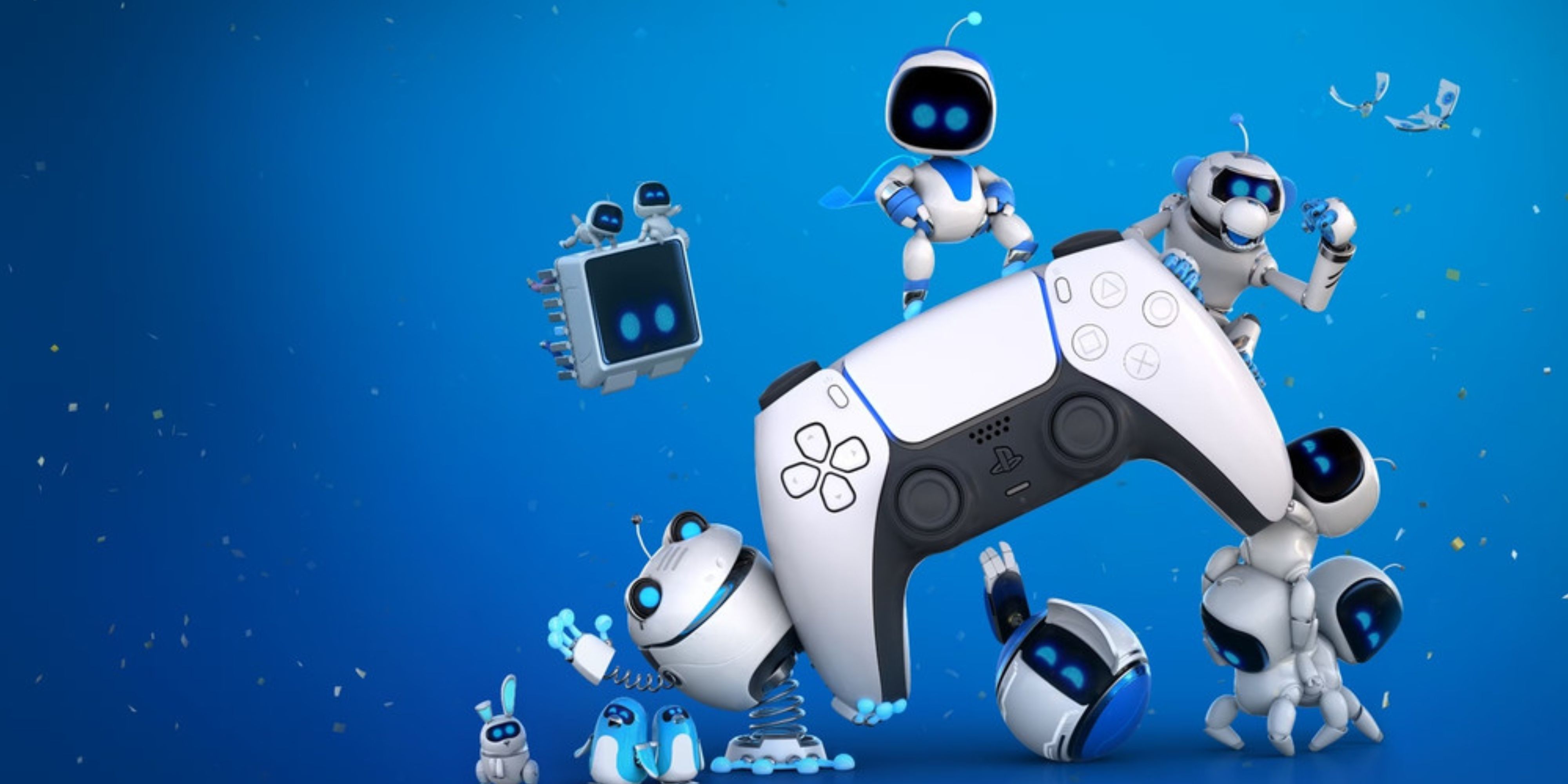 astro bot standing on a dualsense with other bots from the game.