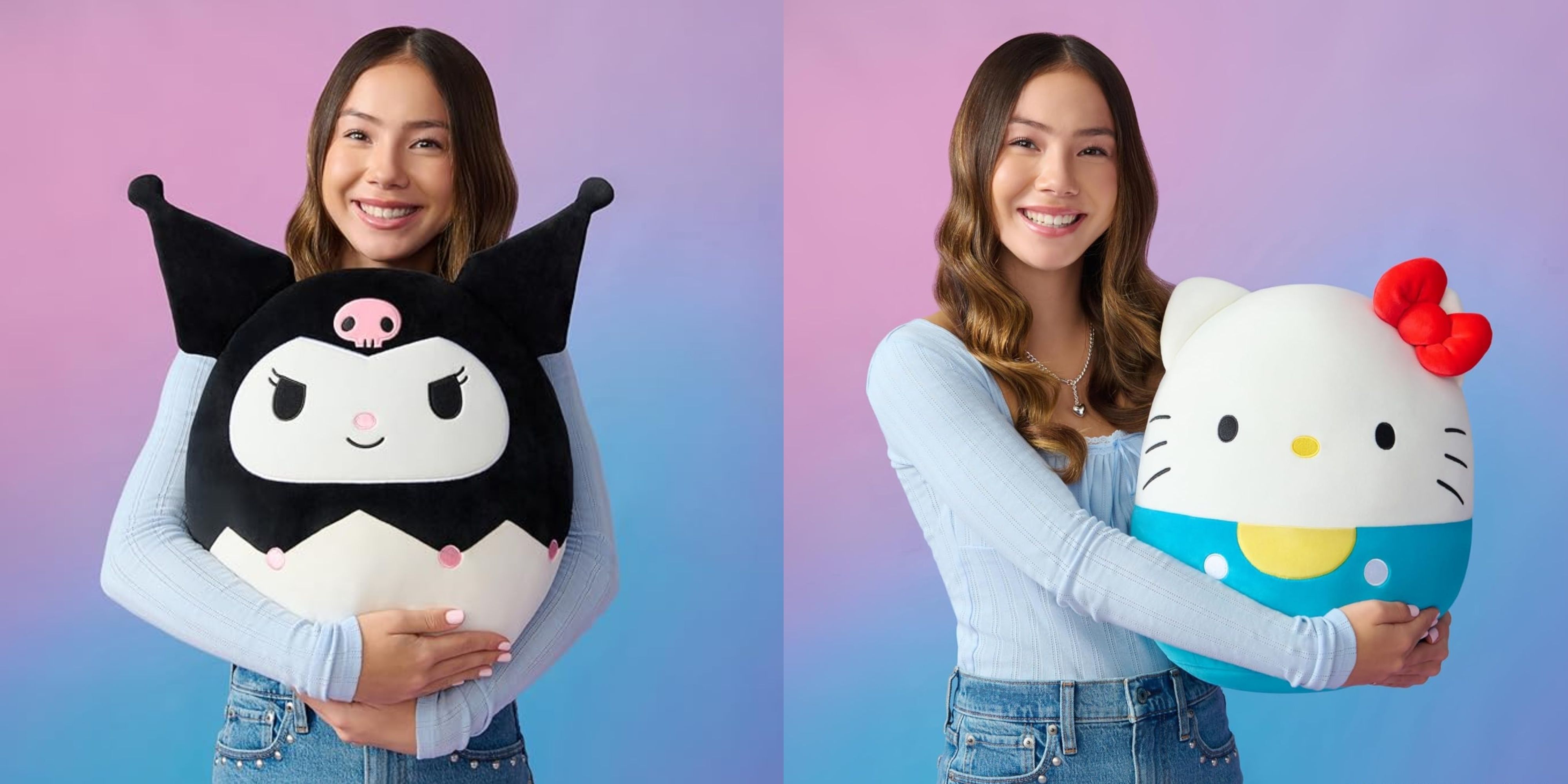 girl holding kuromi and hello kitty original squishmallows.