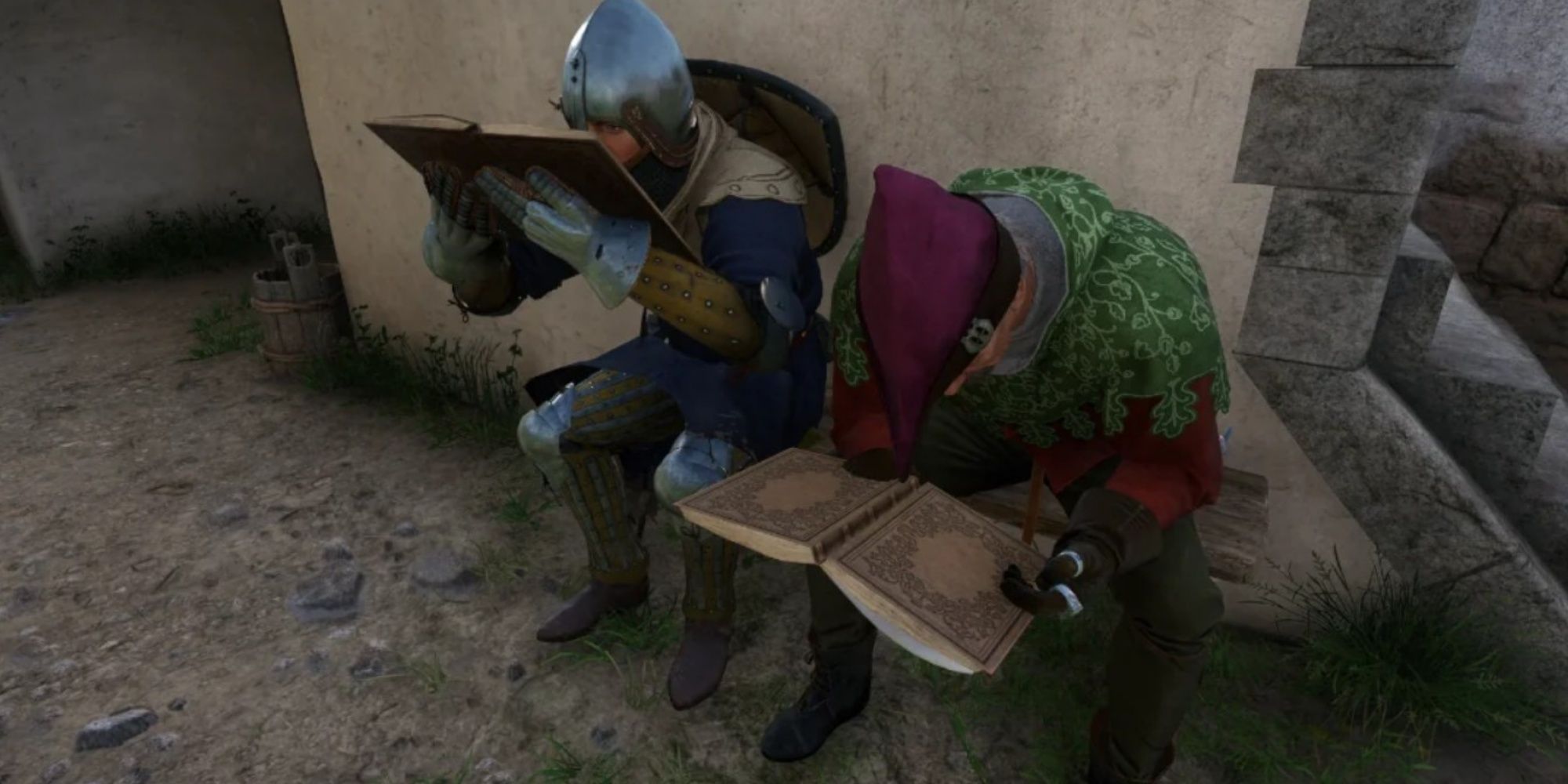 Kingdom Come: Deliverance 2 NPCs pretending to read.