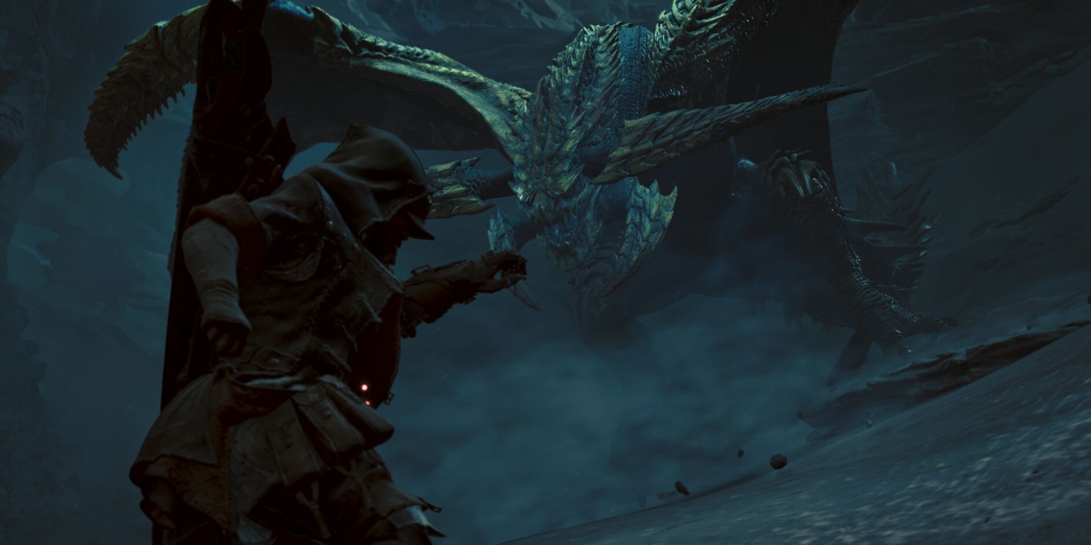 Facing a giant dragon creature in Monster Hunter Wilds