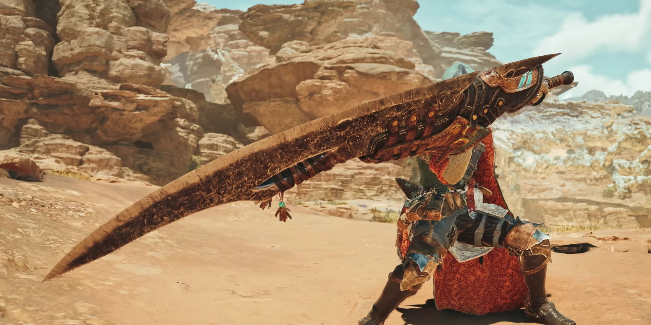 A hunter holding the Long Sword in Monster Hunter Wilds.