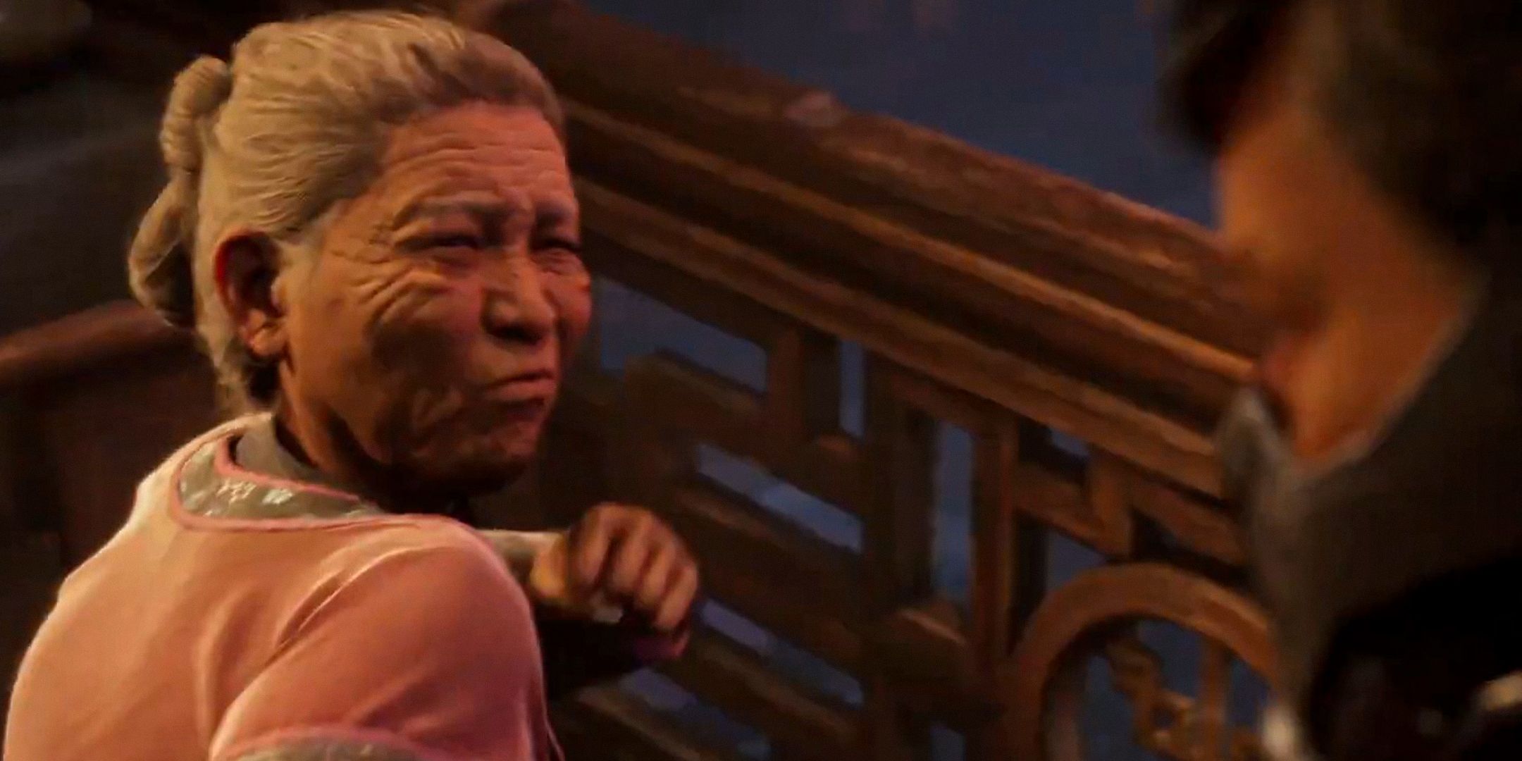 Mortal Kombat 1 screenshot of a cutscene where Madam Bo is winding up her fist to punch Smoke.