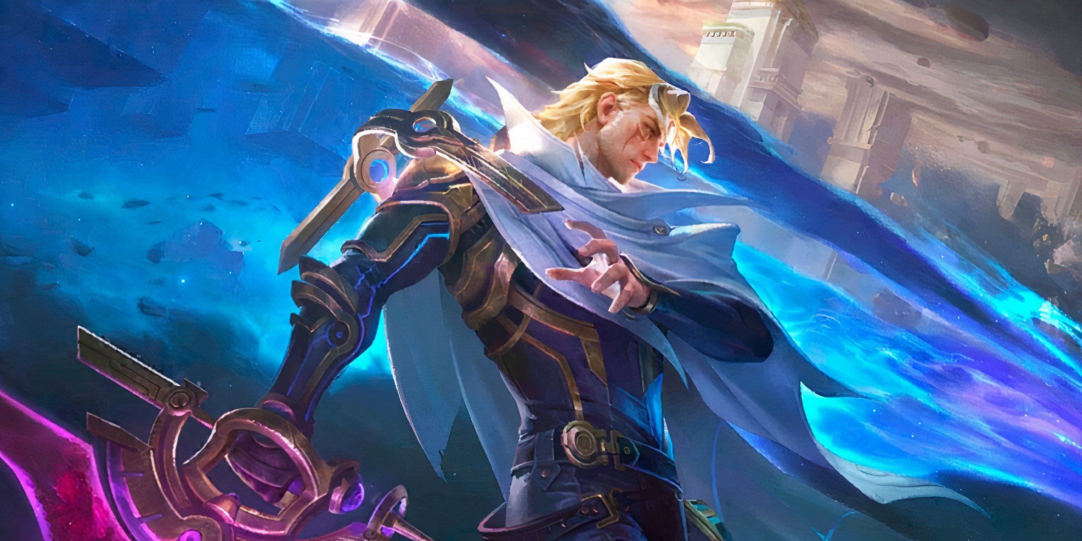 Nolan from Mobile Legends looking to the side while holding his weapon.