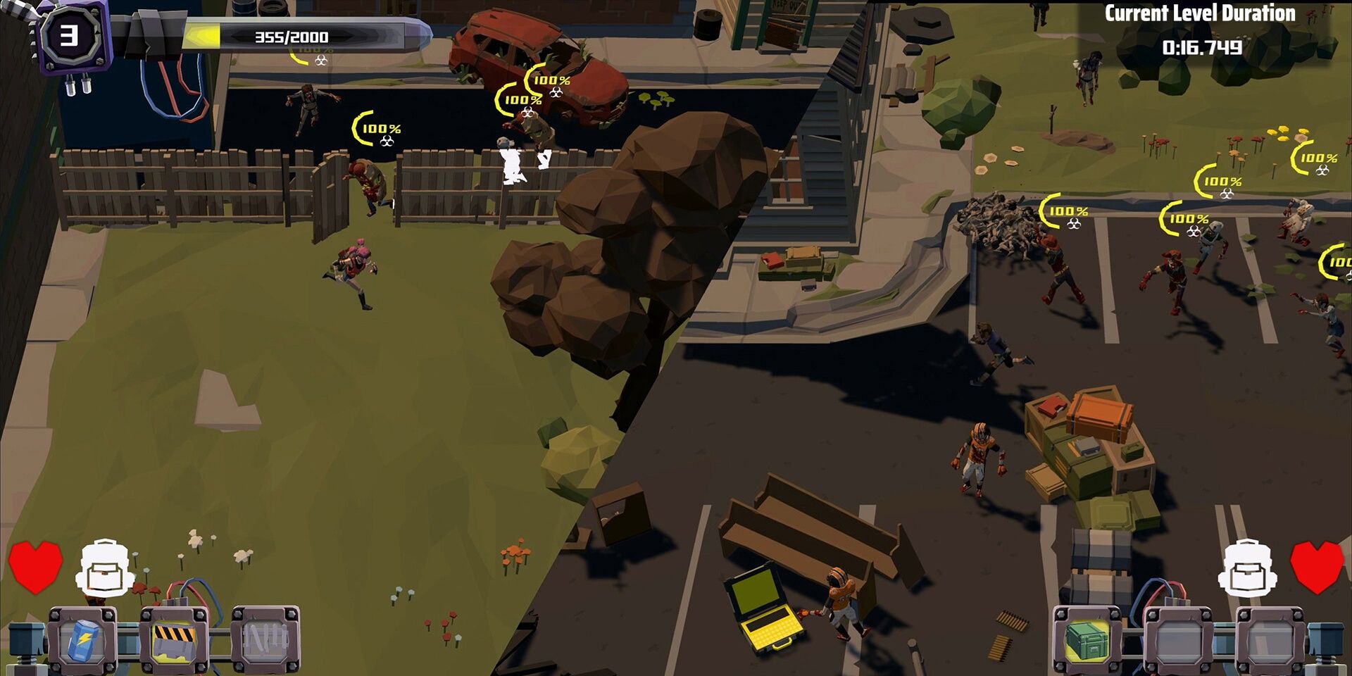 Only Out: Two players in split-screen scavenging for supplies whilst zombies approach.