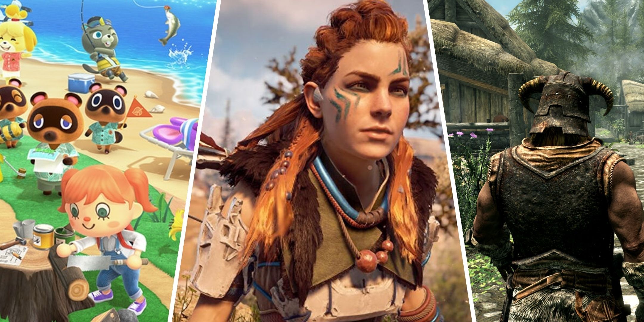 Animal Crossing characters, Aloy from Zero Dawn, and a Nord from Skyrim.