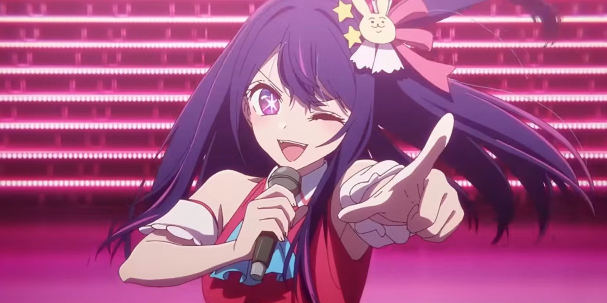 A still frame of Ai performing in Oshi no Ko.