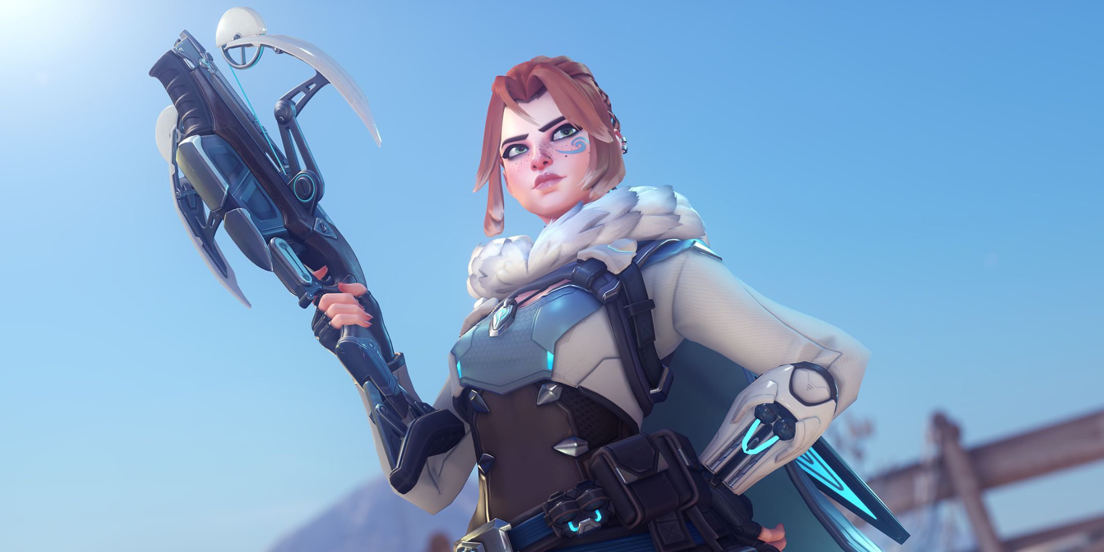 Freja from Overwatch 2, posing with a crossbow