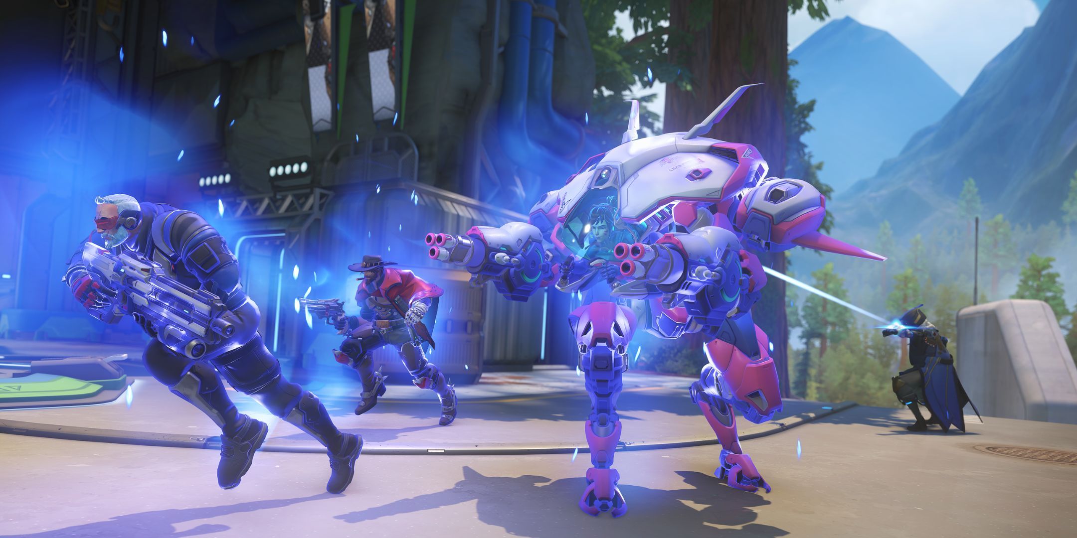 A team charging into battle in Overwatch 2