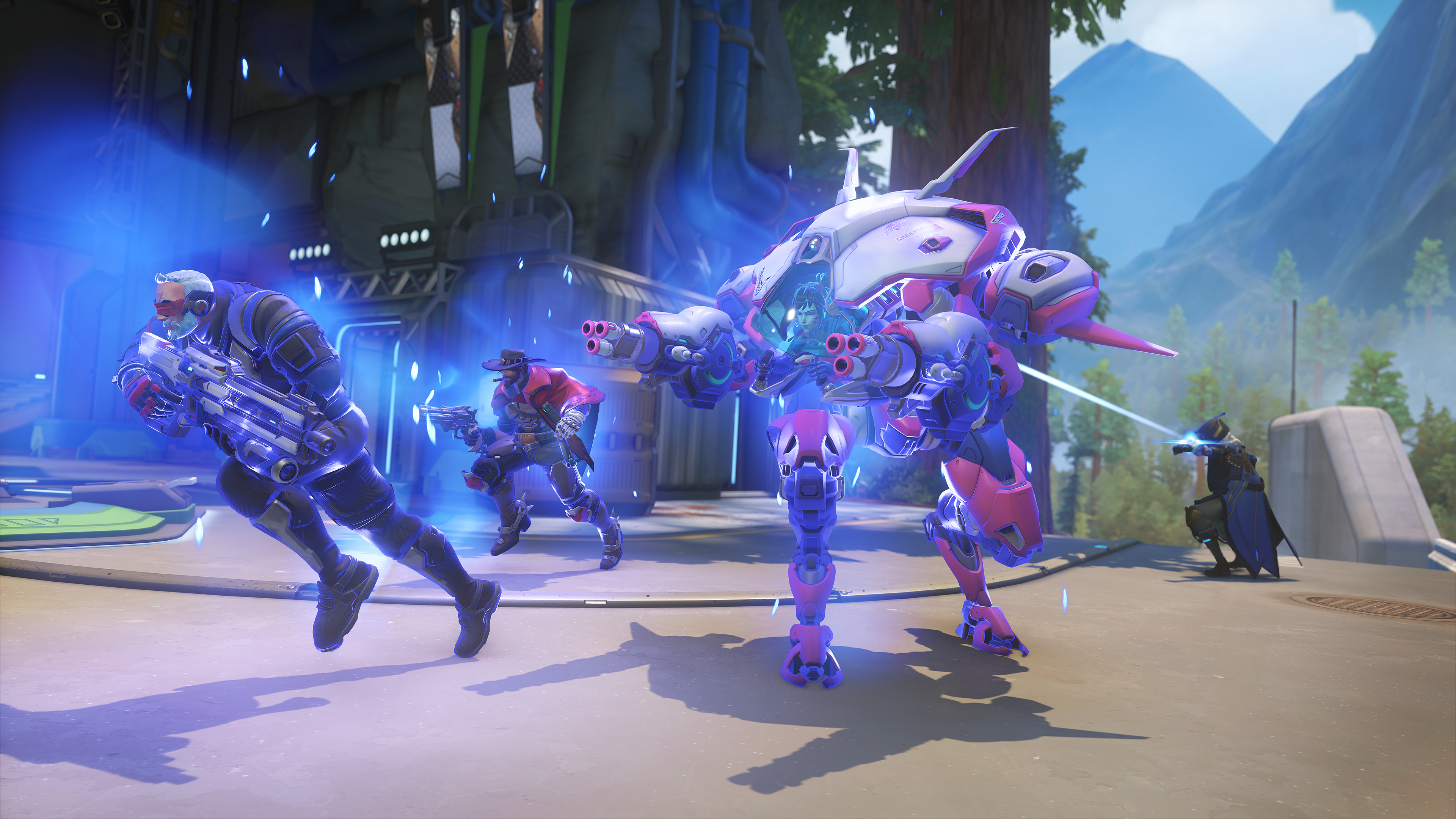 Stadium mode in Overwatch 2 with D.Va and Soldier: 76 sprinting into action.