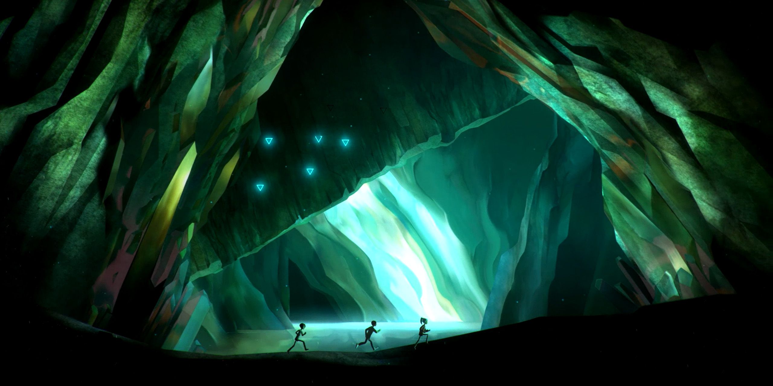 A screenshot of Oxenfree, in which Alex and her two friends explore a brightly-lit cave.