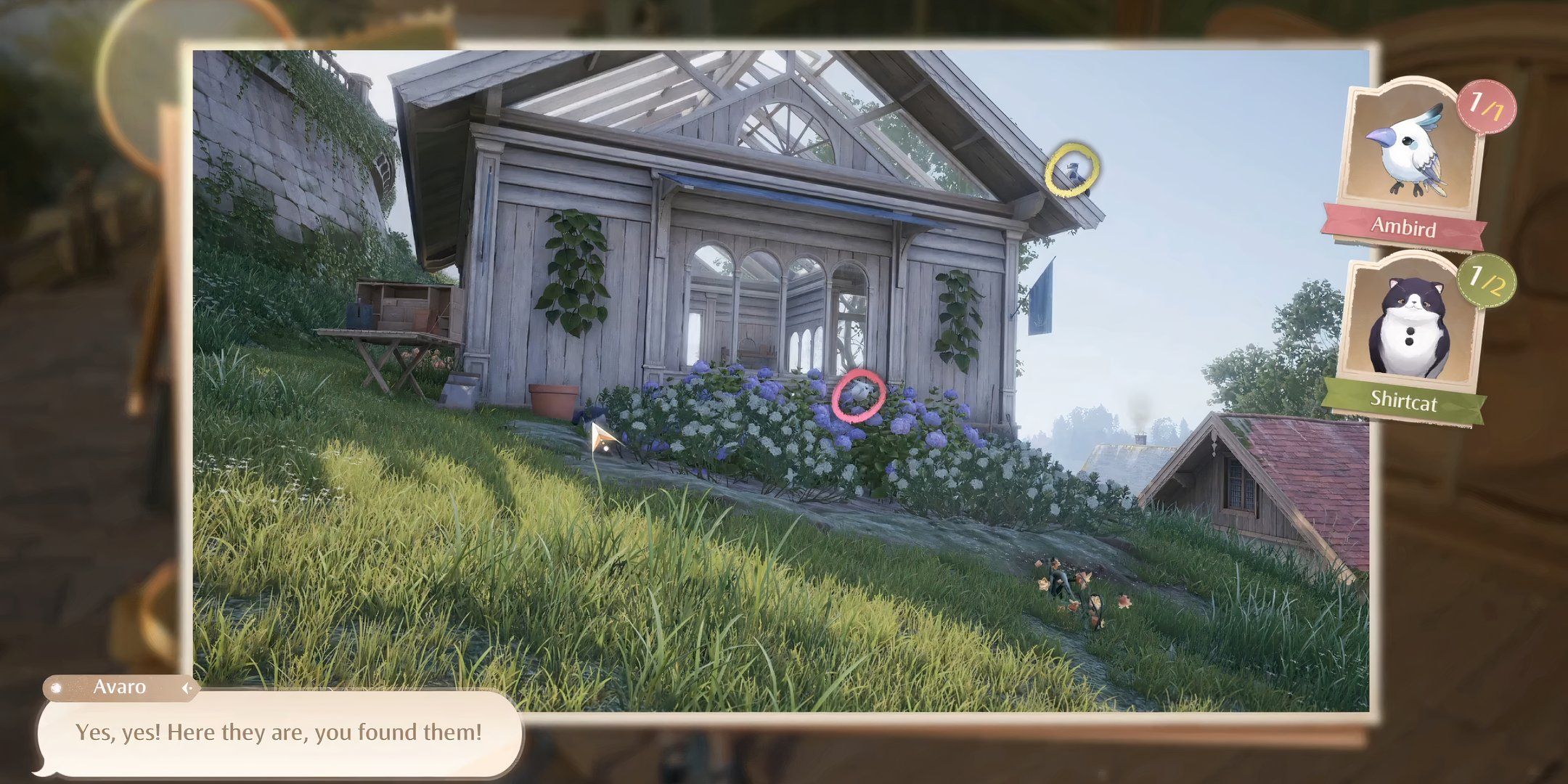 A Photo Investigation quest from Infinity Nikki, requiring the player to find birds and cats.