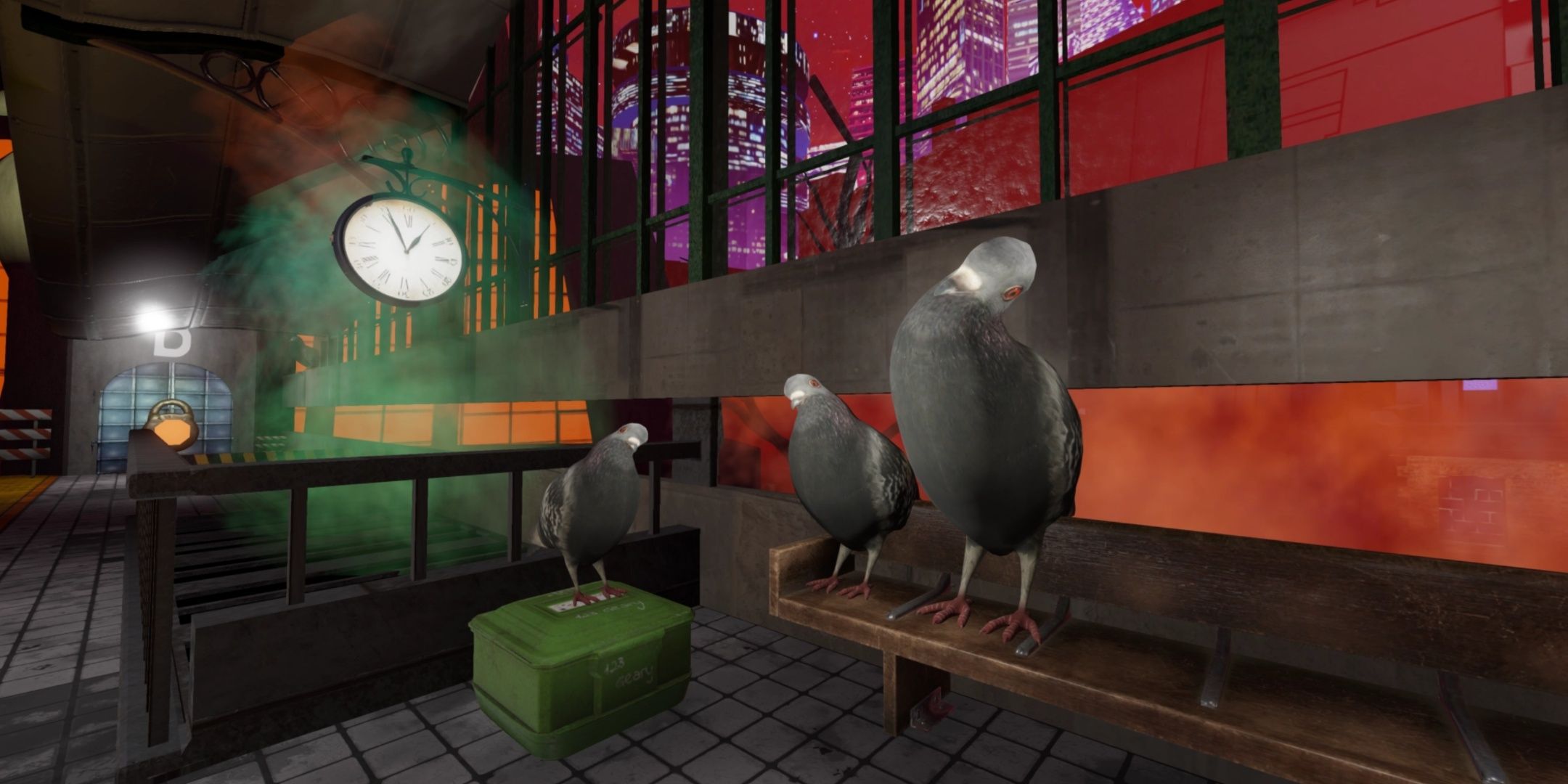 Pigeons looking at you in a moody train station in Moves of the Diamond Hand.