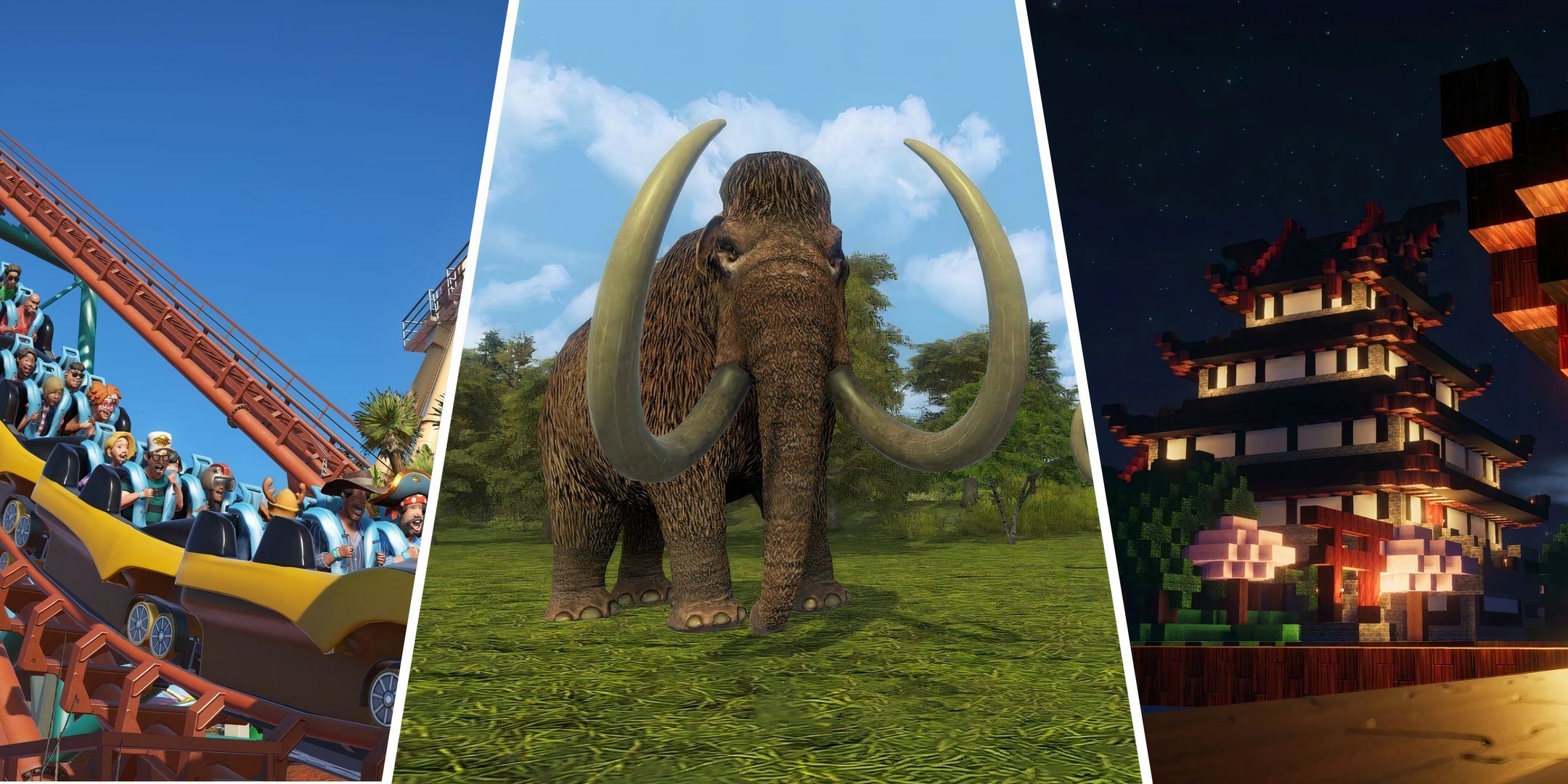 Planet Coaster dawn of man and colony survival images in a collage.