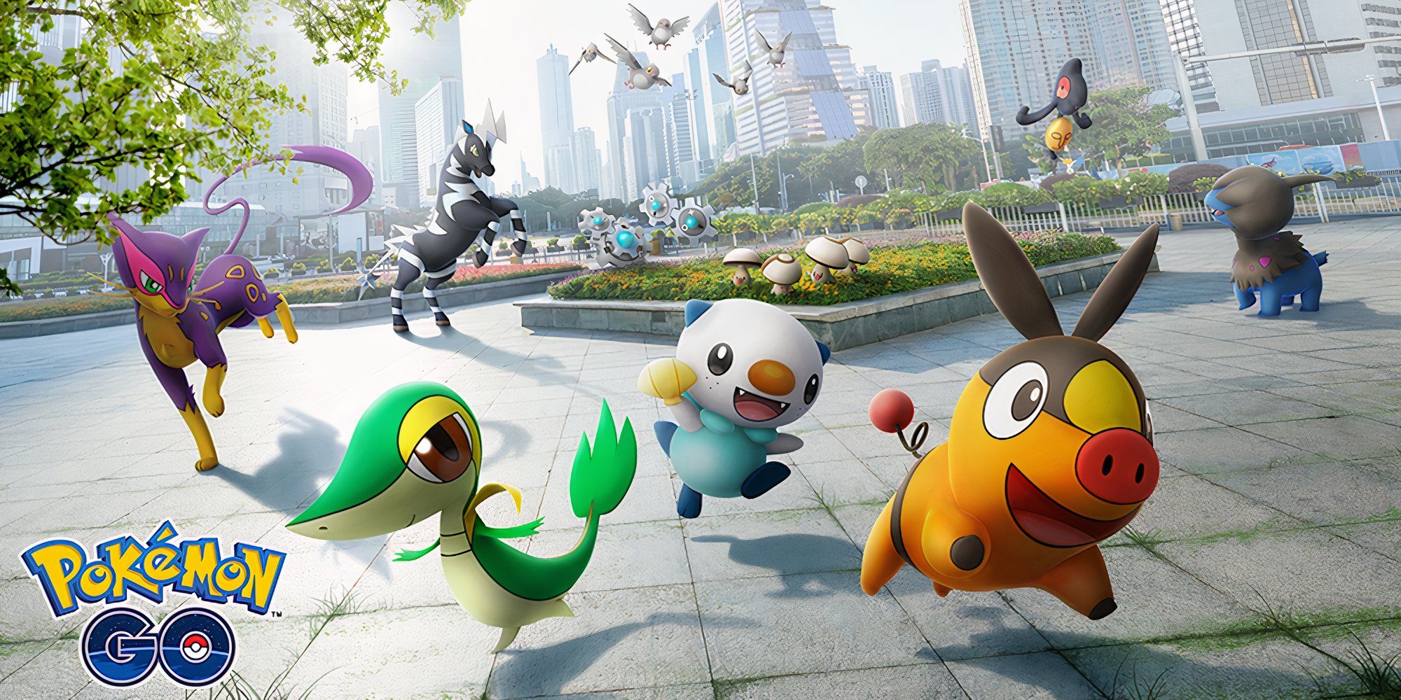 Image of several Pokemon in a park including Snivy, Oshawott, and Tepig.