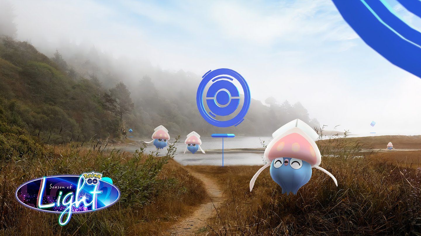 Image of three different Inkay around a Pokemon Go PokeStop, with a foggy background.