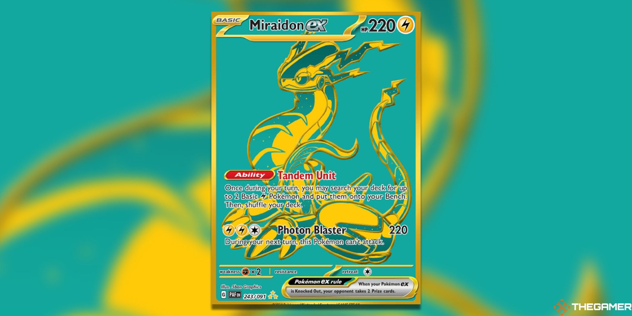 The Paldean Fates Miraidon ex Hyper Rare from the Pokemon TCG.