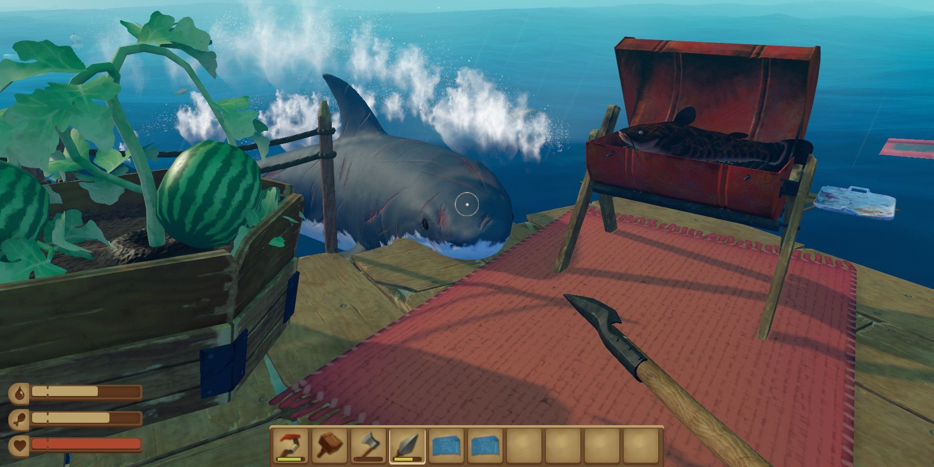 The great white shark attacking the boat in Raft.