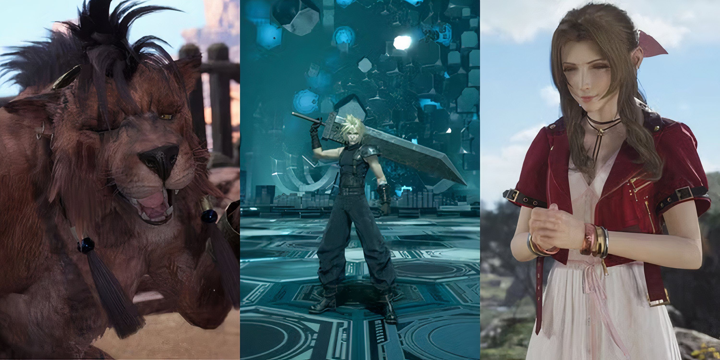 Red 13 smiles with his paw in the air, Cloud poses with his sword over his back, and Aerith prays in Final Fantasy 7 Rebirth.