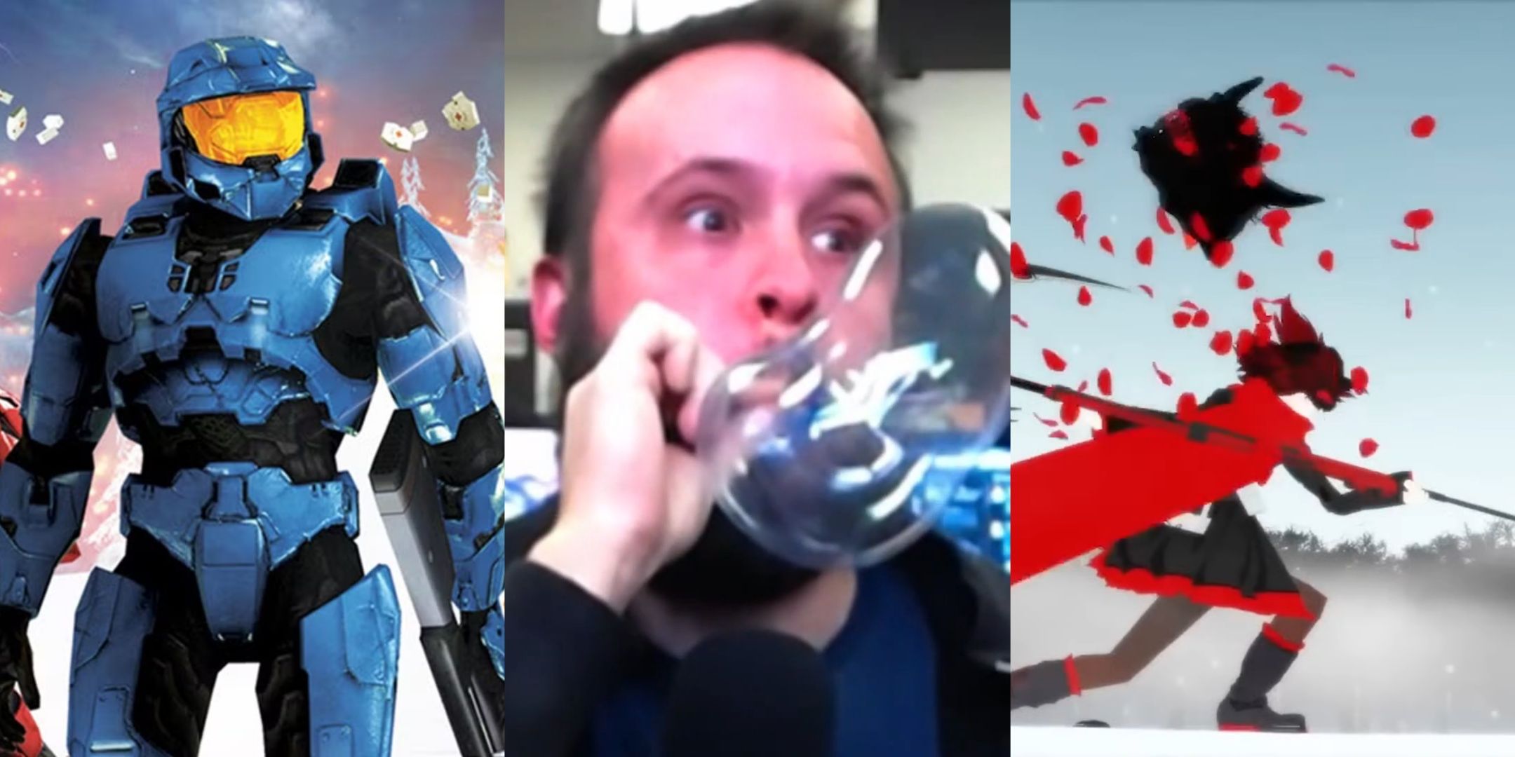 Red vs. Blue box art for the Recollection DVD, Bruce Greene blowing a bubble in the 100th episode of Demo Disk, and Ruby killing a baddie in RWBY.