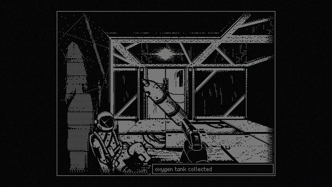 Repose screenshot of black and white art of a player holding a pistol, walking past an astronaut.