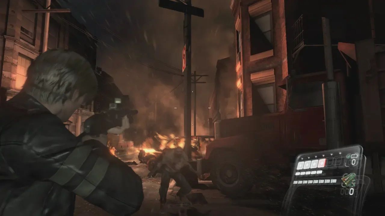 Leon fights off zombies in Resident Evil 6.