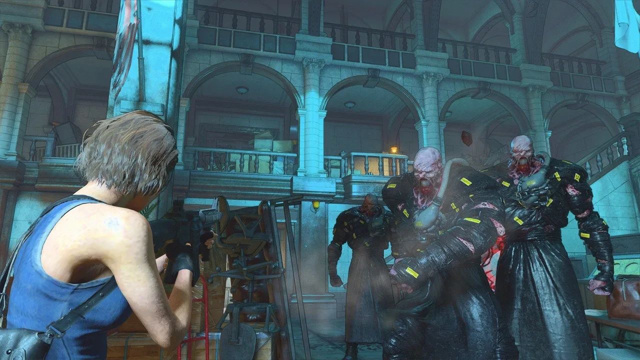 Jill Valentine shoots multiple Nemesis monsters in Resident Evil Re:Verse.