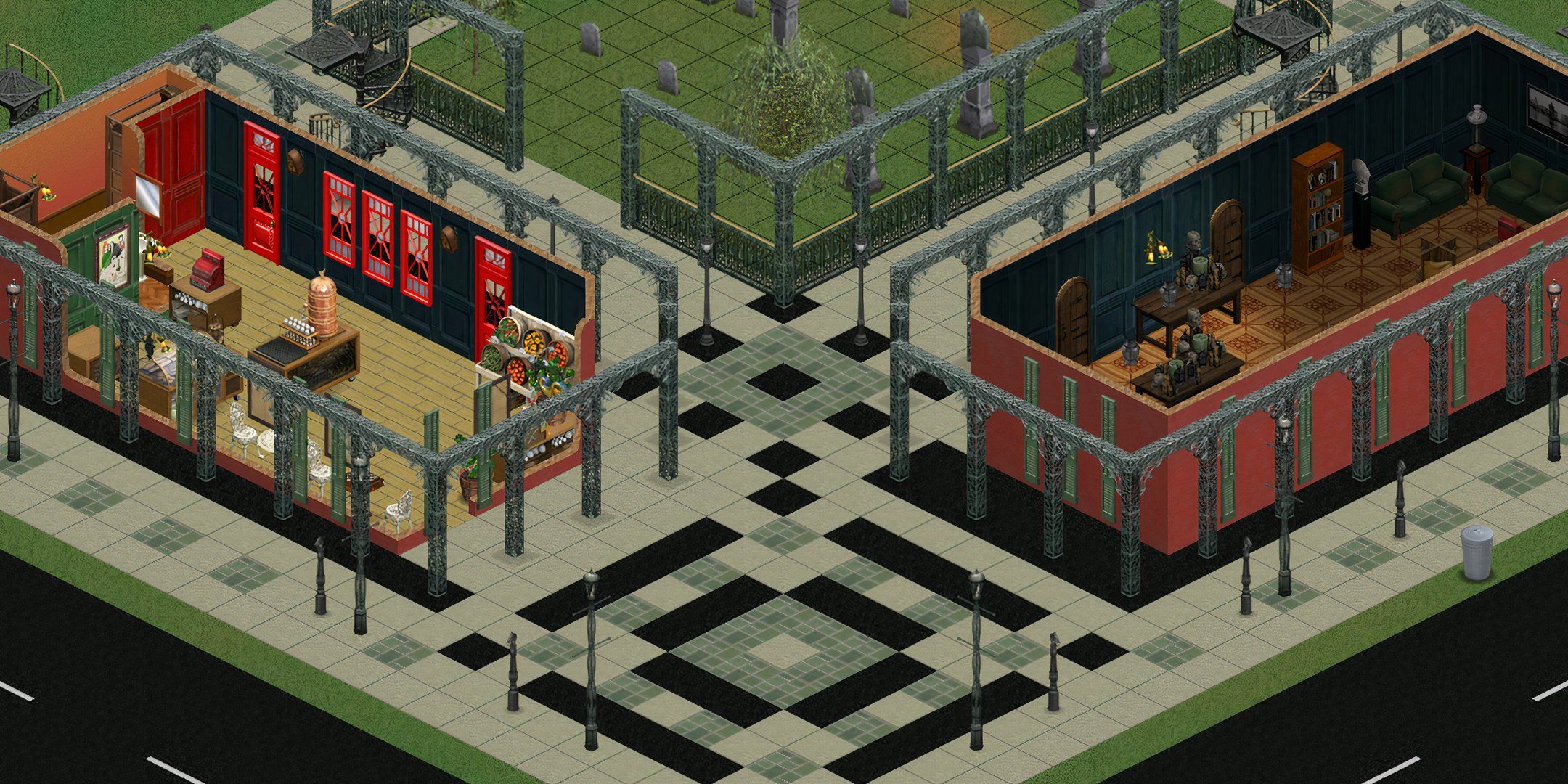 An image showing a commercial area in The Sims.