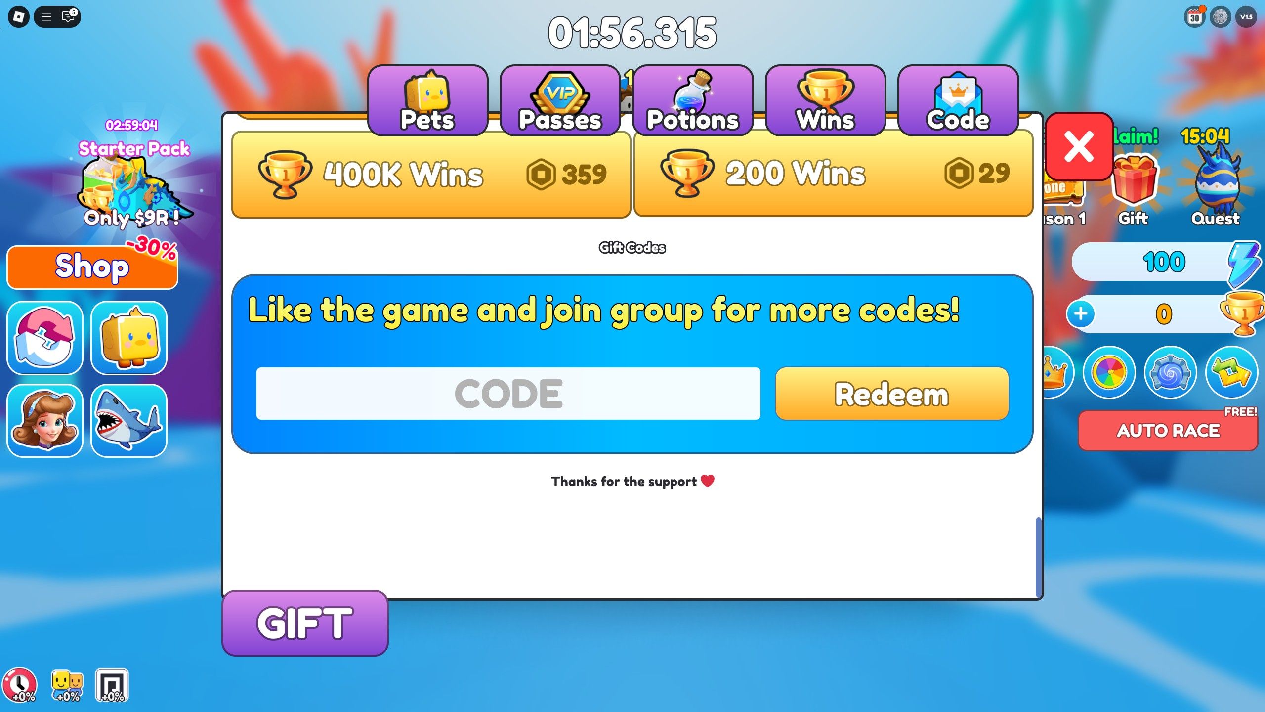 the codes box in Fish Training on Roblox
