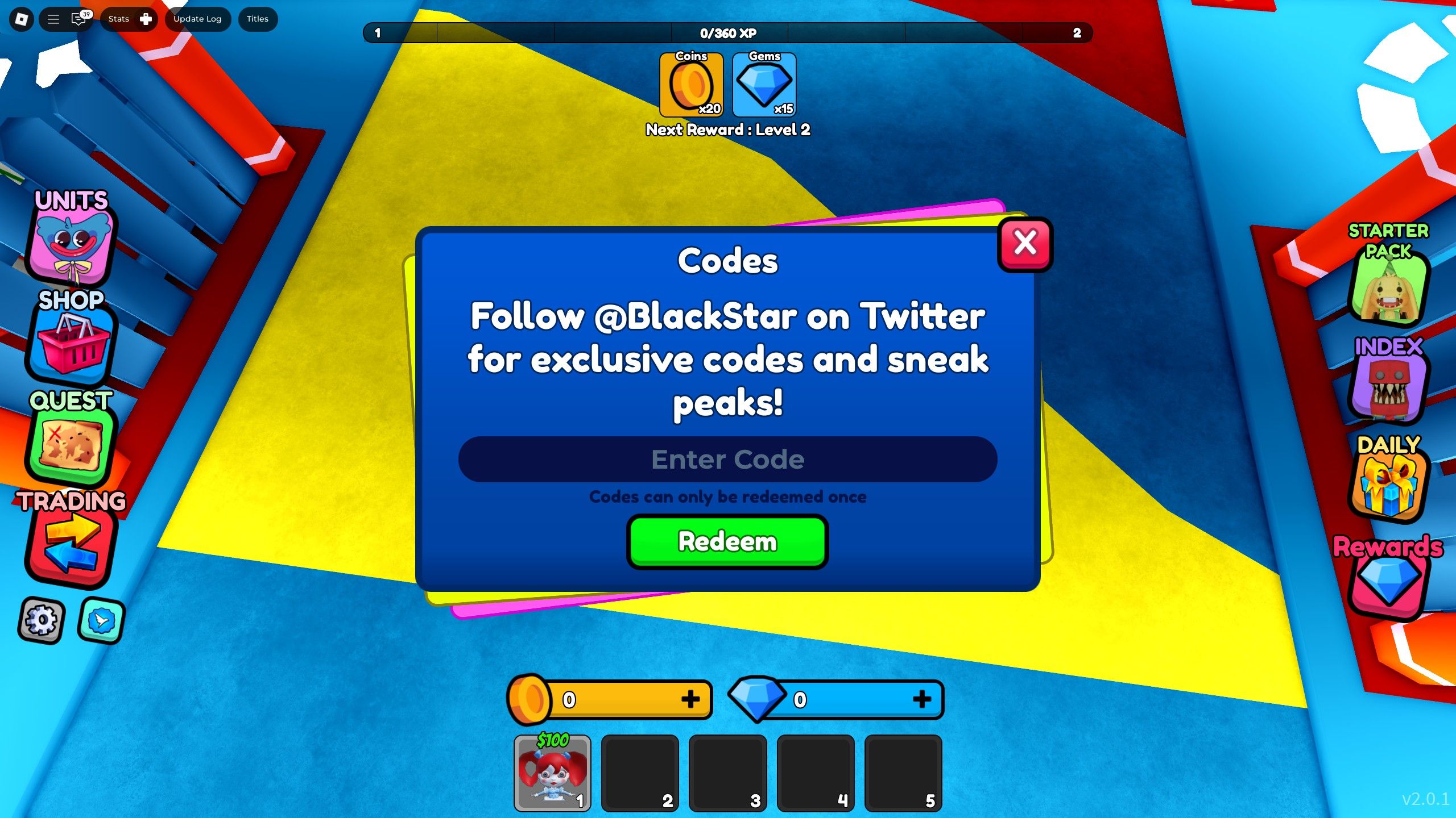 the codes box in Playtime TD on Roblox