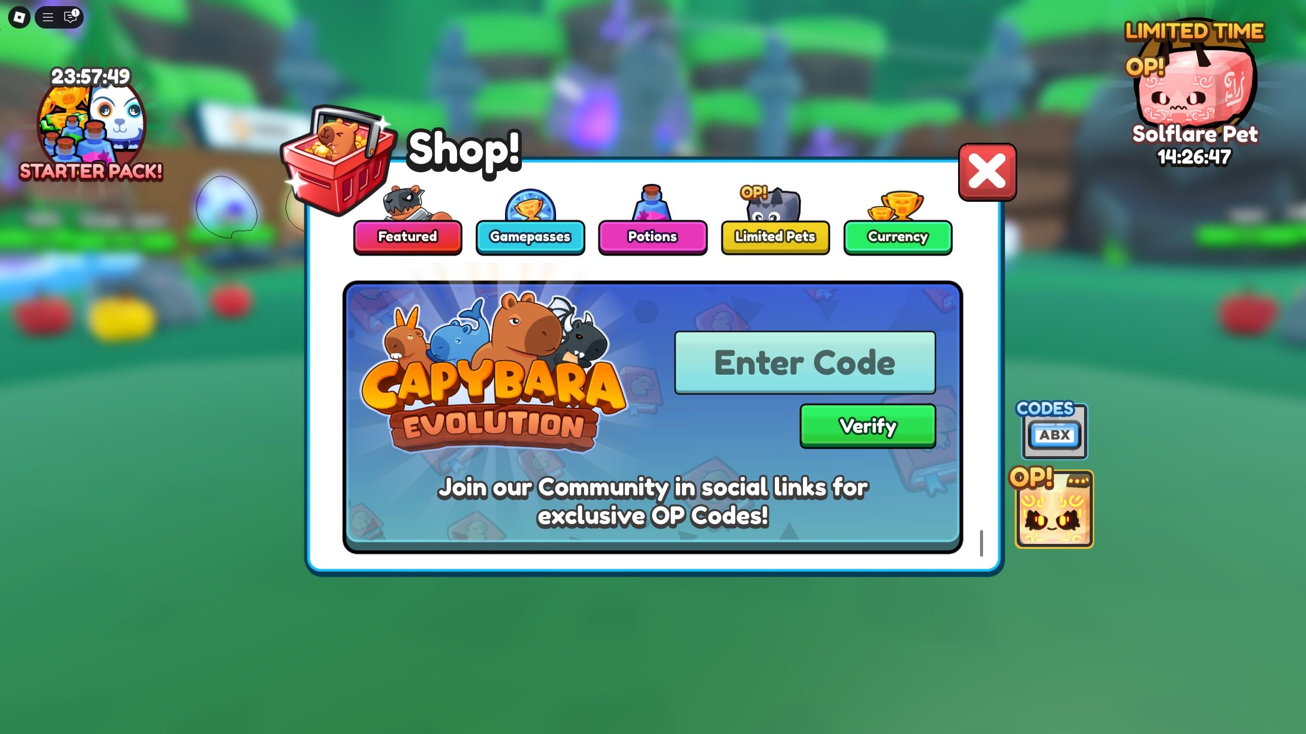 the codes box in Capybara Evolution on Roblox