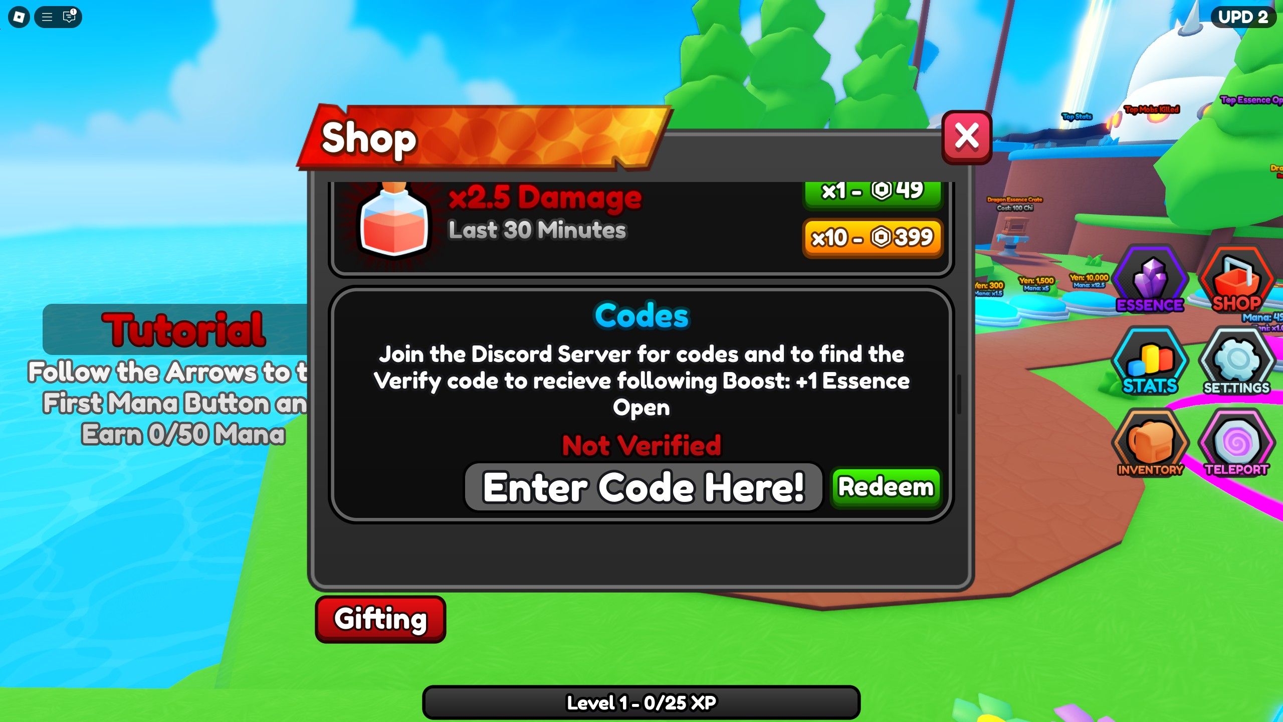 the codes box in Button Anime on Roblox