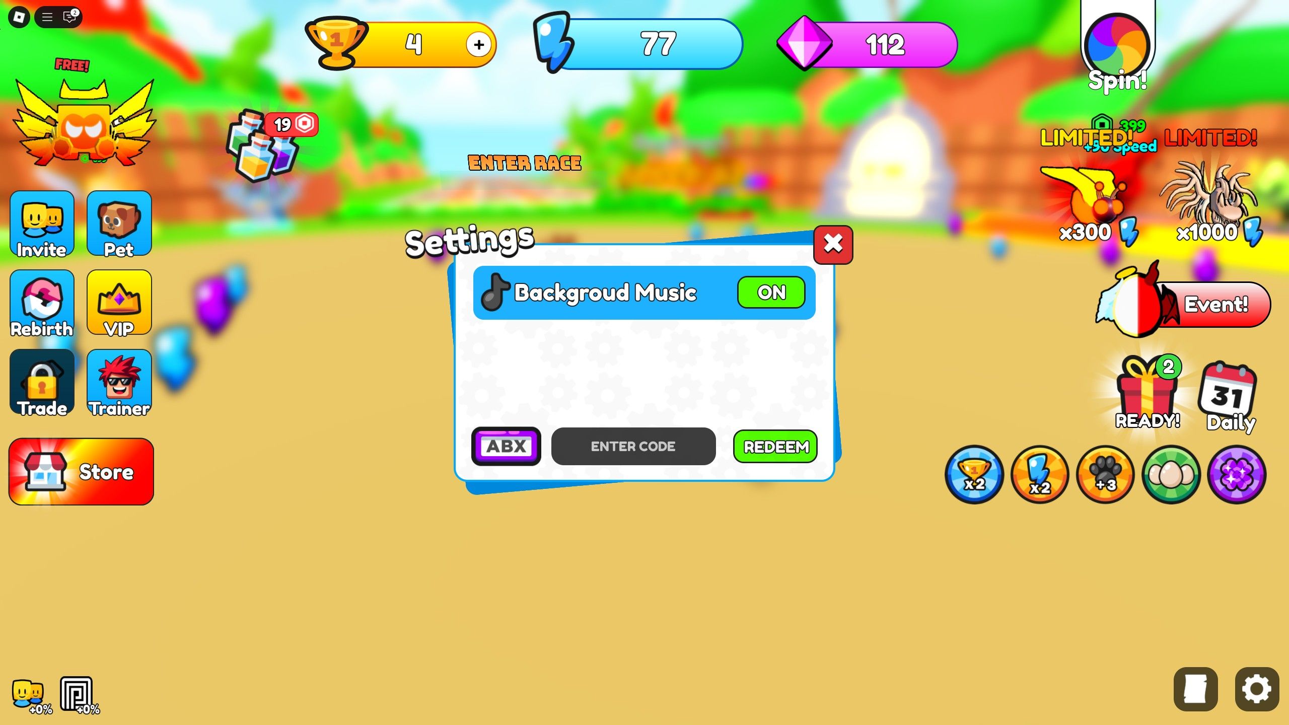 the codes box in Super Animal Race Simulator on Roblox