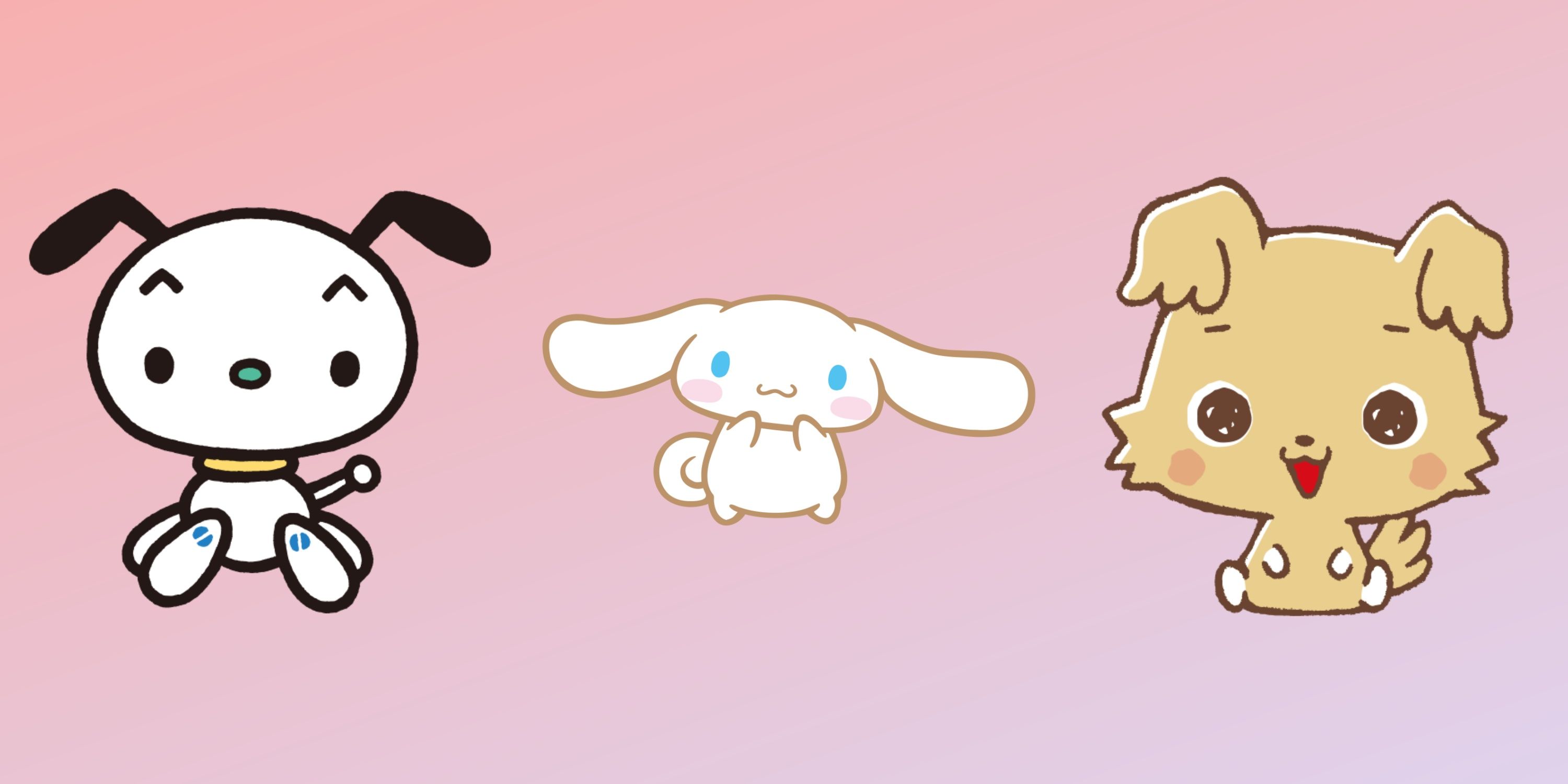 Robow@n, Cinnamoroll, and Chibimaru on a pink gradient background.