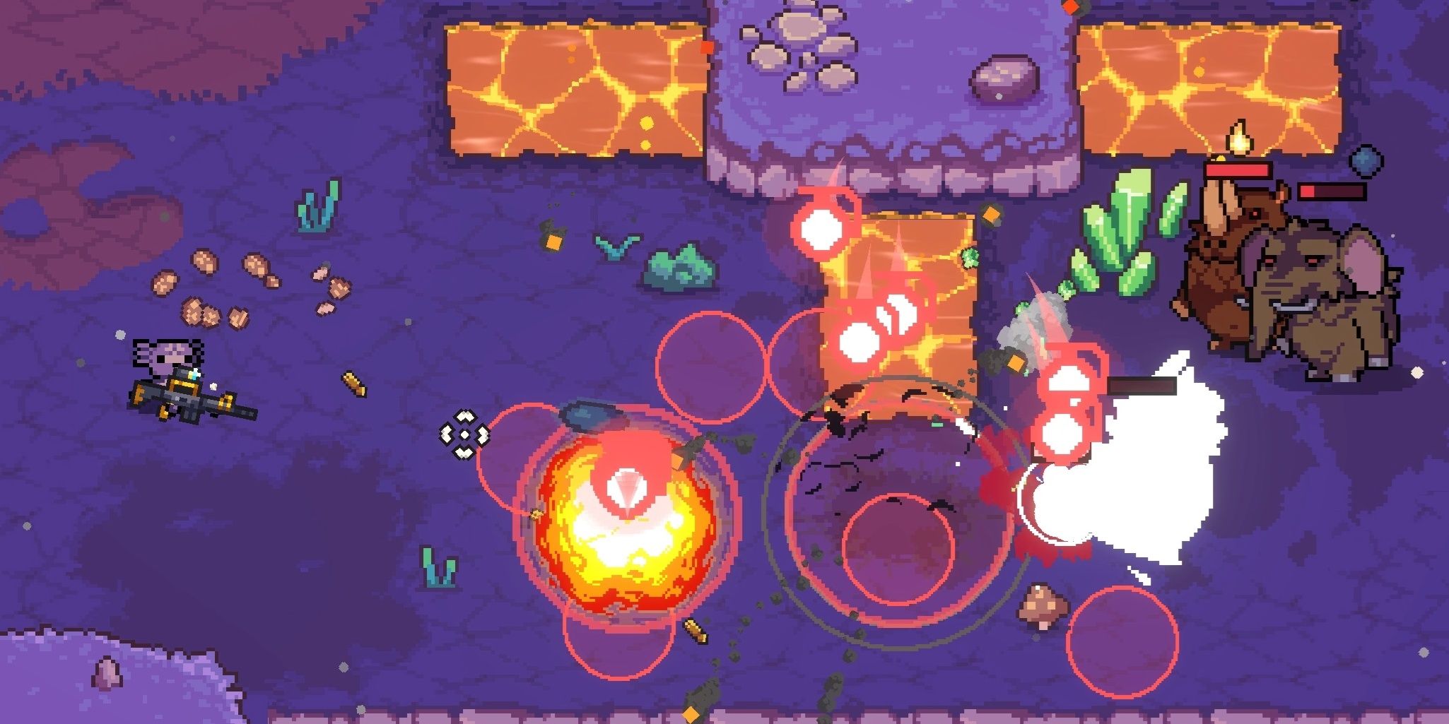 A purple axolotl (Rock) takes aim with the Twinklestar sniper rifle towards the right side, where there's a chaotic display of bullets, explosions, and reeling enemies in AK-xolotl.