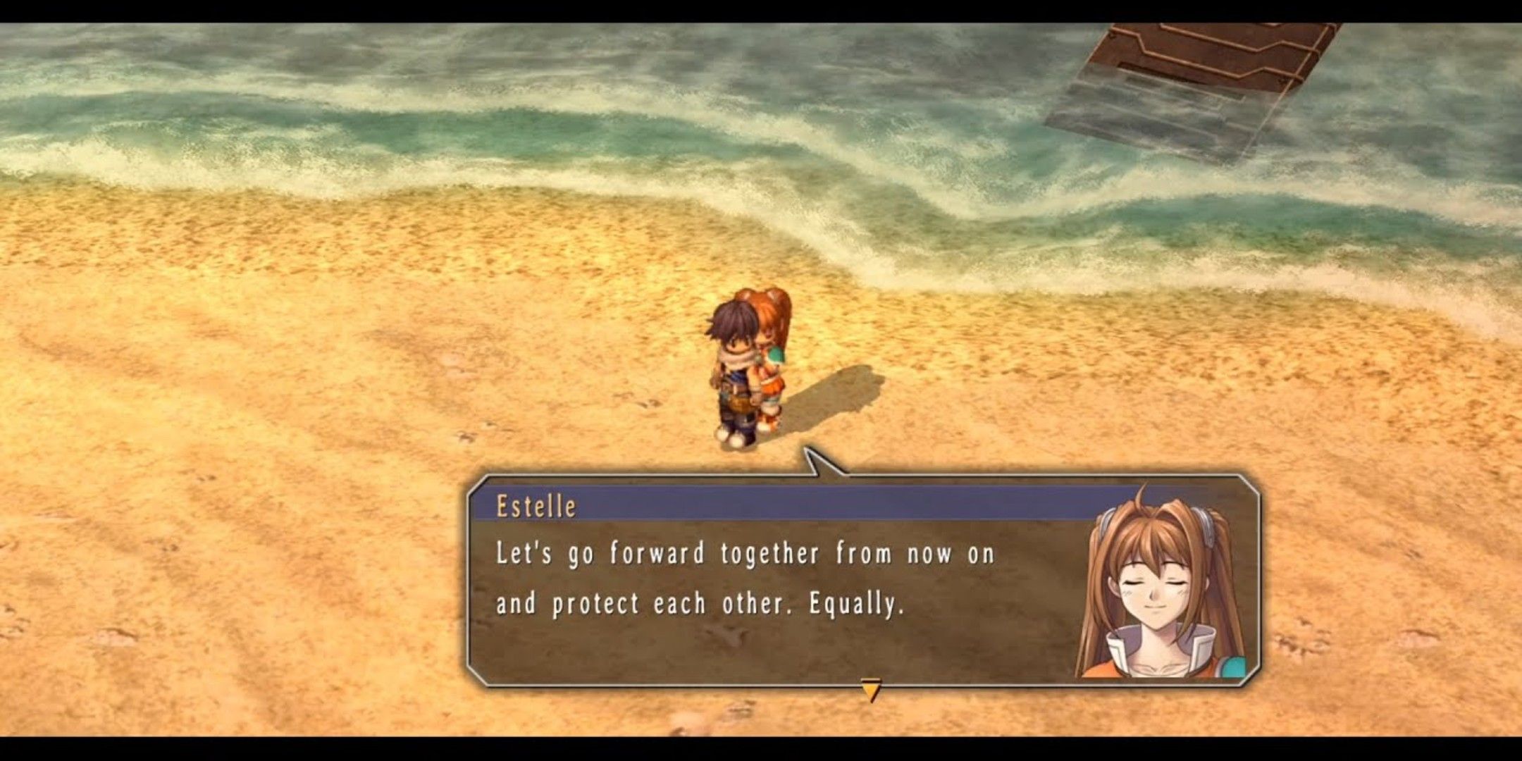 Estelle holding Joshua on a beach in Trails of the Sky SC.