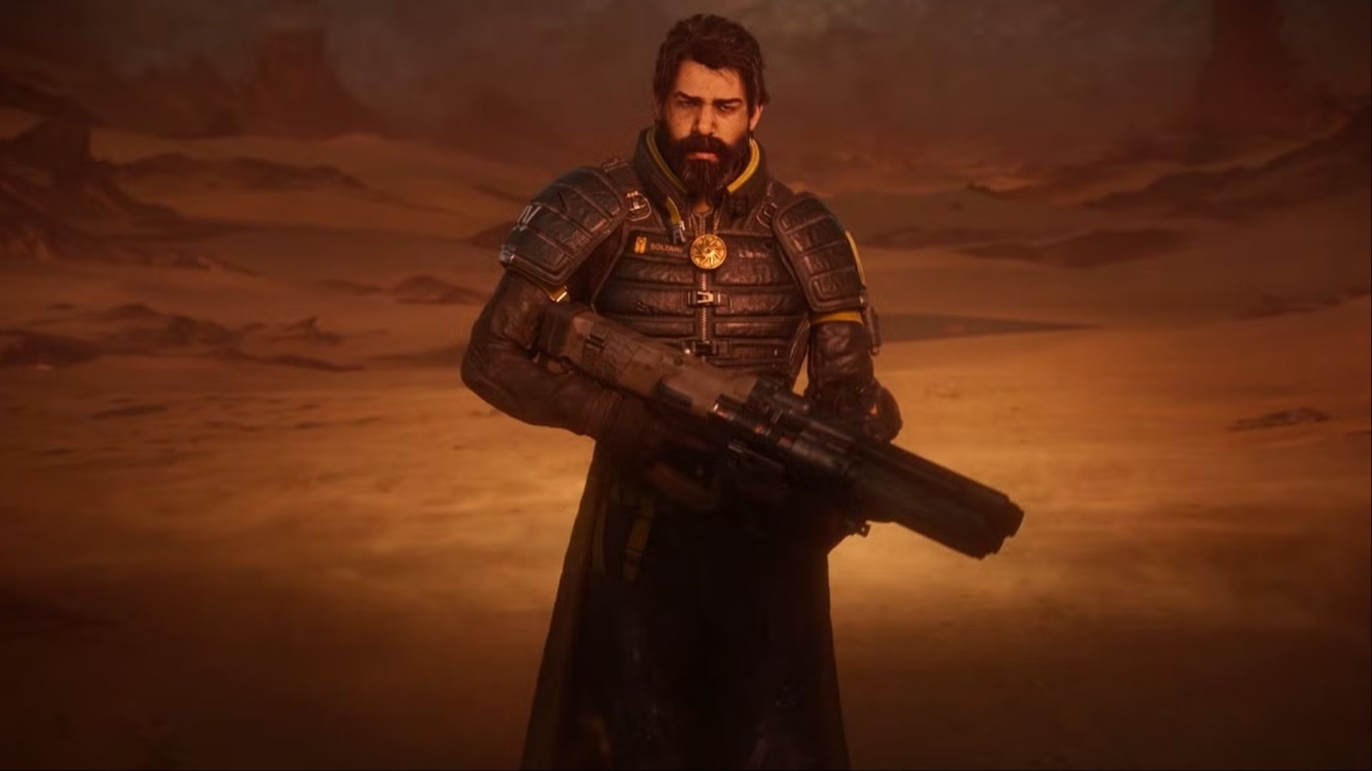 Arjun Devraj walking toward the camera while wielding a large weapon in Saros.