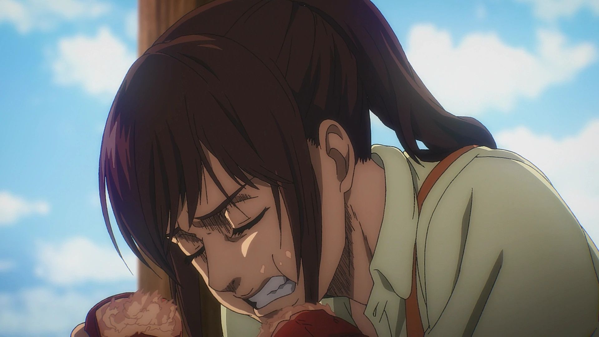 Sasha is aggressively eating seafood by attacking Titan.