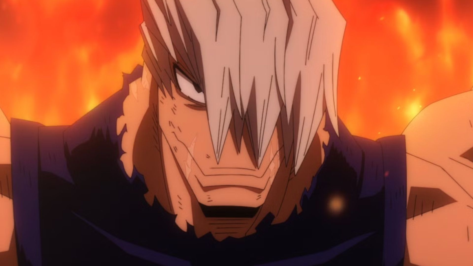Shoji of my hero Academia stands in the middle of fire, taking out the mask.