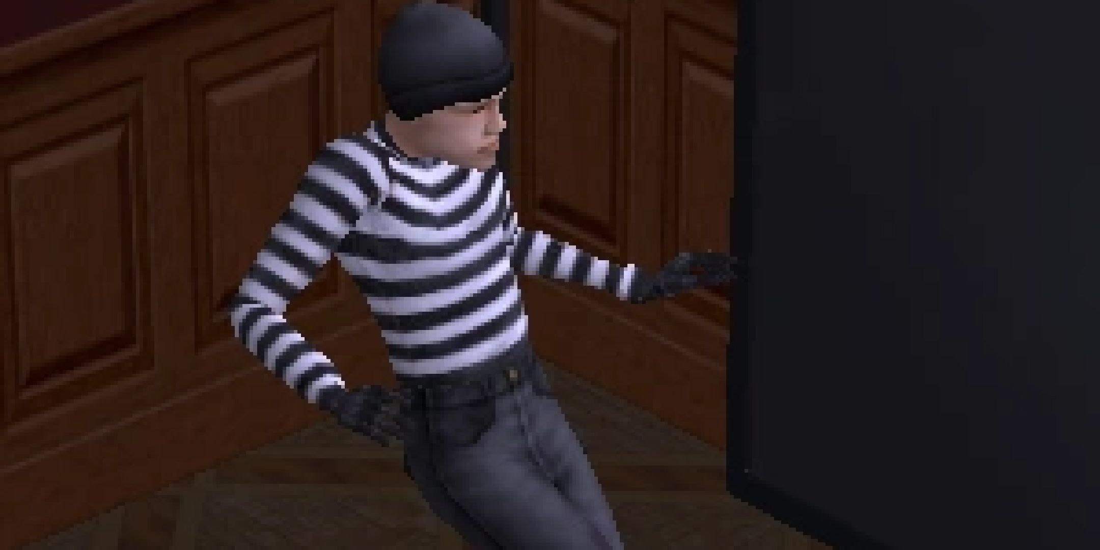 Sims 2 burglar sneaking around a house.