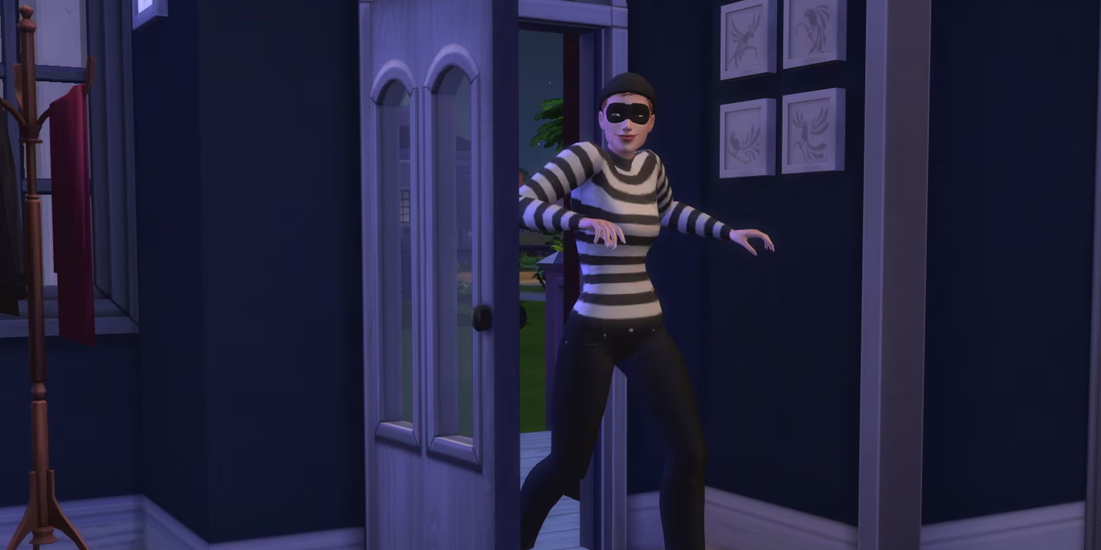 Sims 4 burglar sneaking through a doorway into a house.