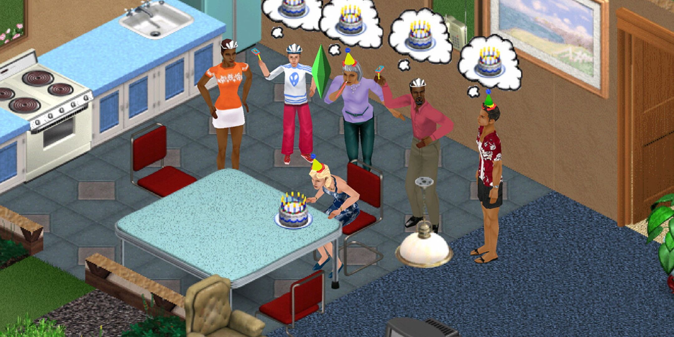 Sims gathered around a table with an old lady blowing out candles on a birthday cake