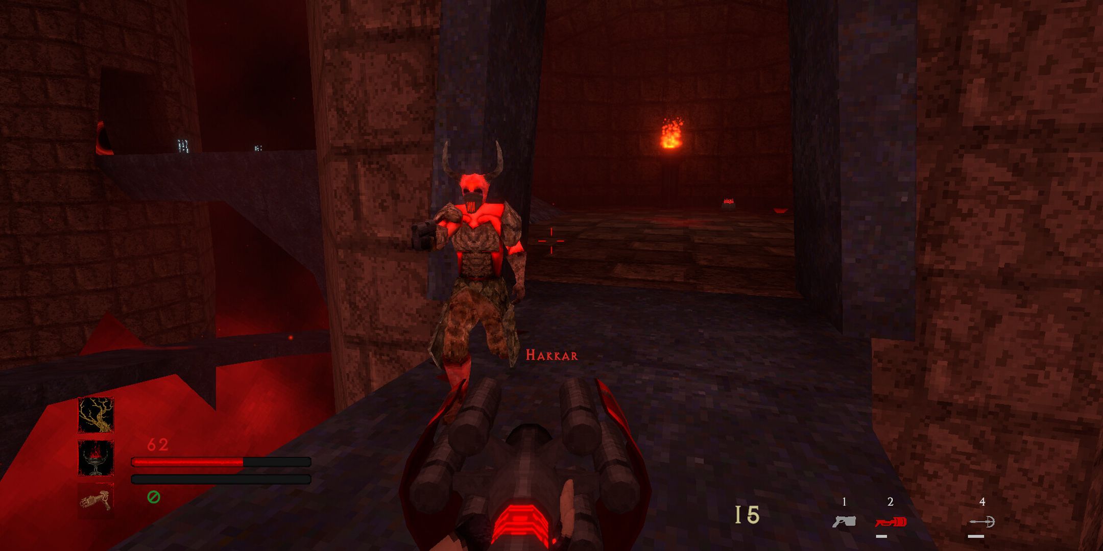 Sinned Arena player pointing a gun at a demon on a walkway in Hell.