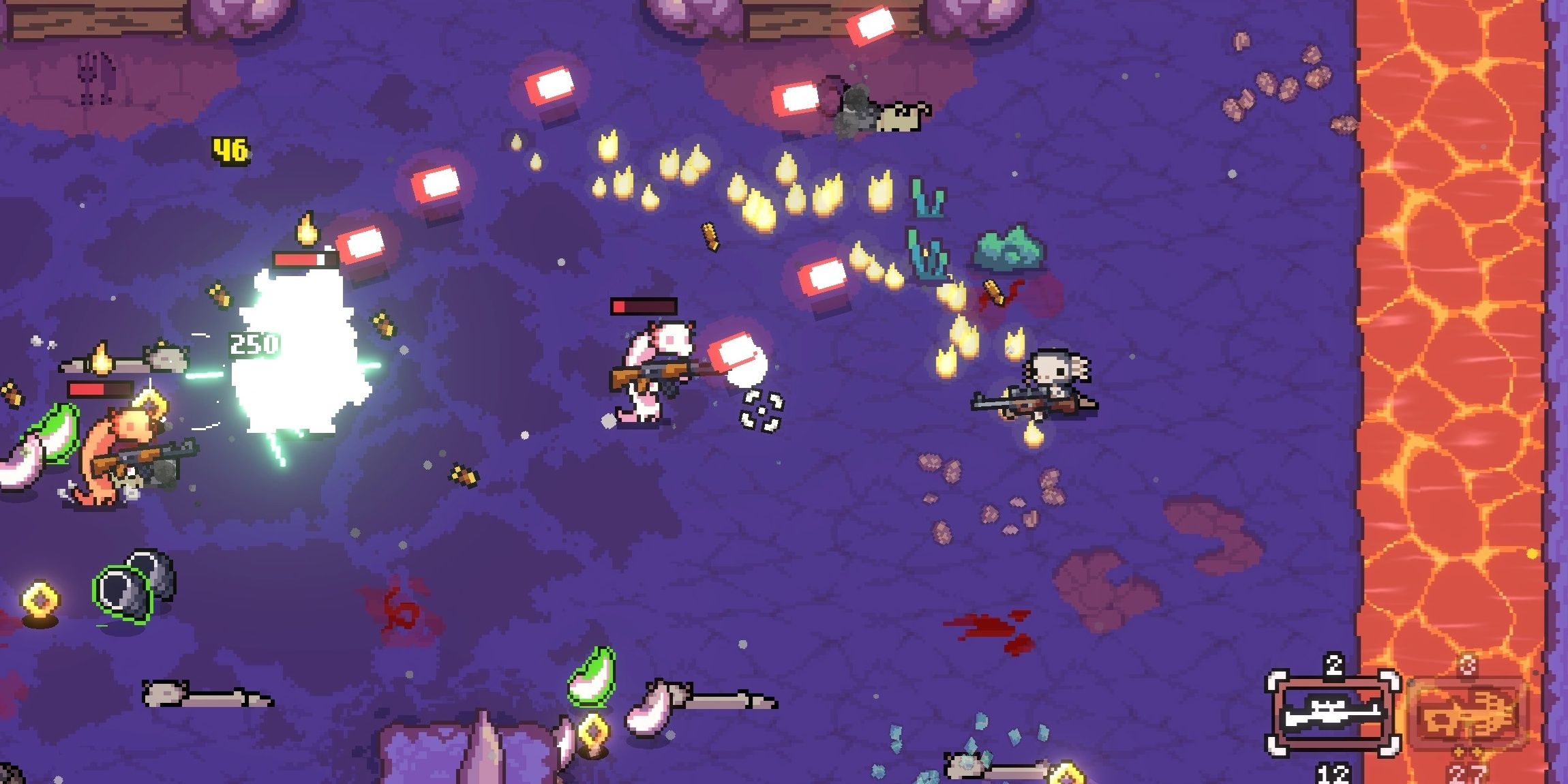 A skull faced axolotl (right side) aims with a sniper rifle towards enemies (right side) the field is chaotic with enemies, fire trails and flaying bullets in AK-xolotl.