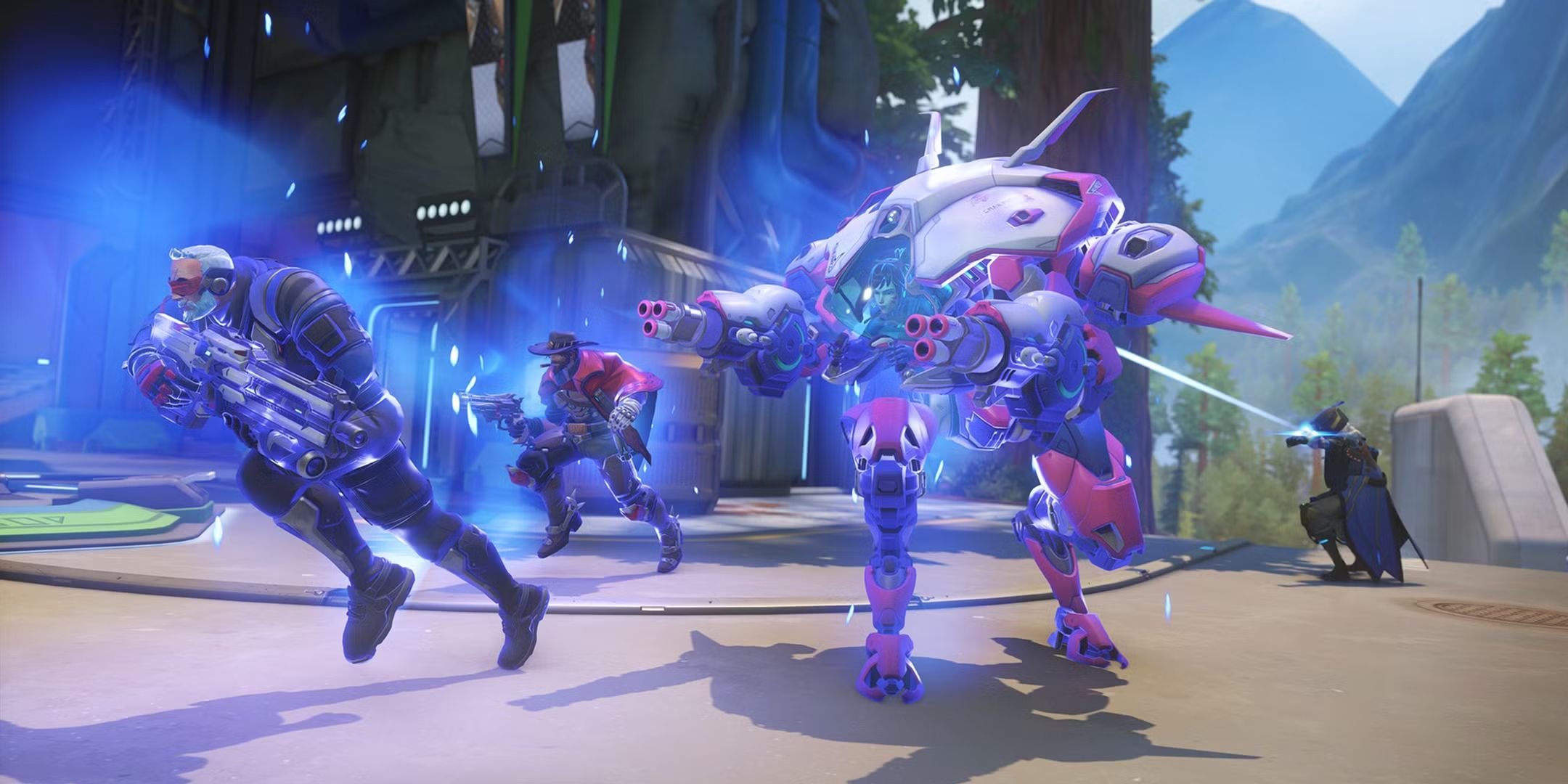 Soldier 76, D.Va, and other Overwatch 2 heroes running forward with a blue aura surrounding them.