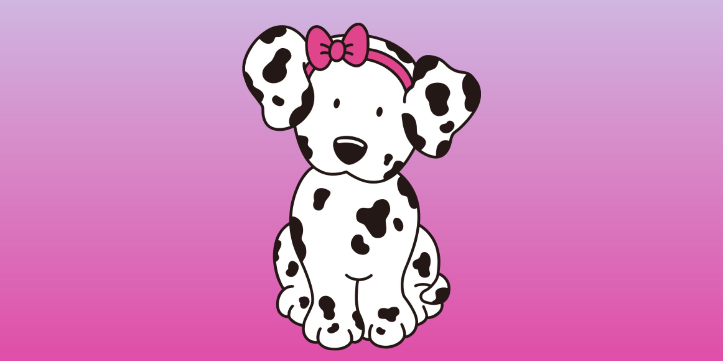 Spottie Dottie در پس زمینه شیب صورتی و بنفش.