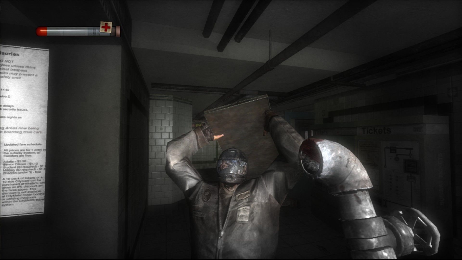 A homeless man tries to attack the player in Condemned: Criminal Origins. 