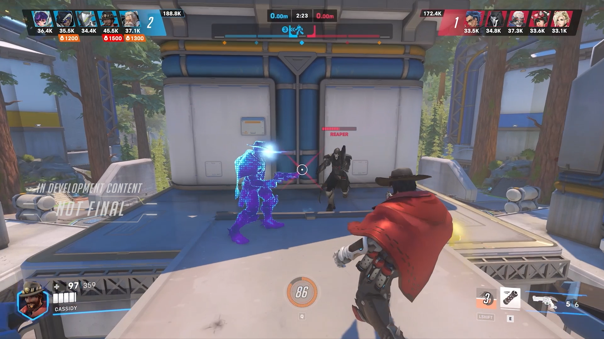 Cassidy with a clone of himself in Overwatch 2's Stadium mode.